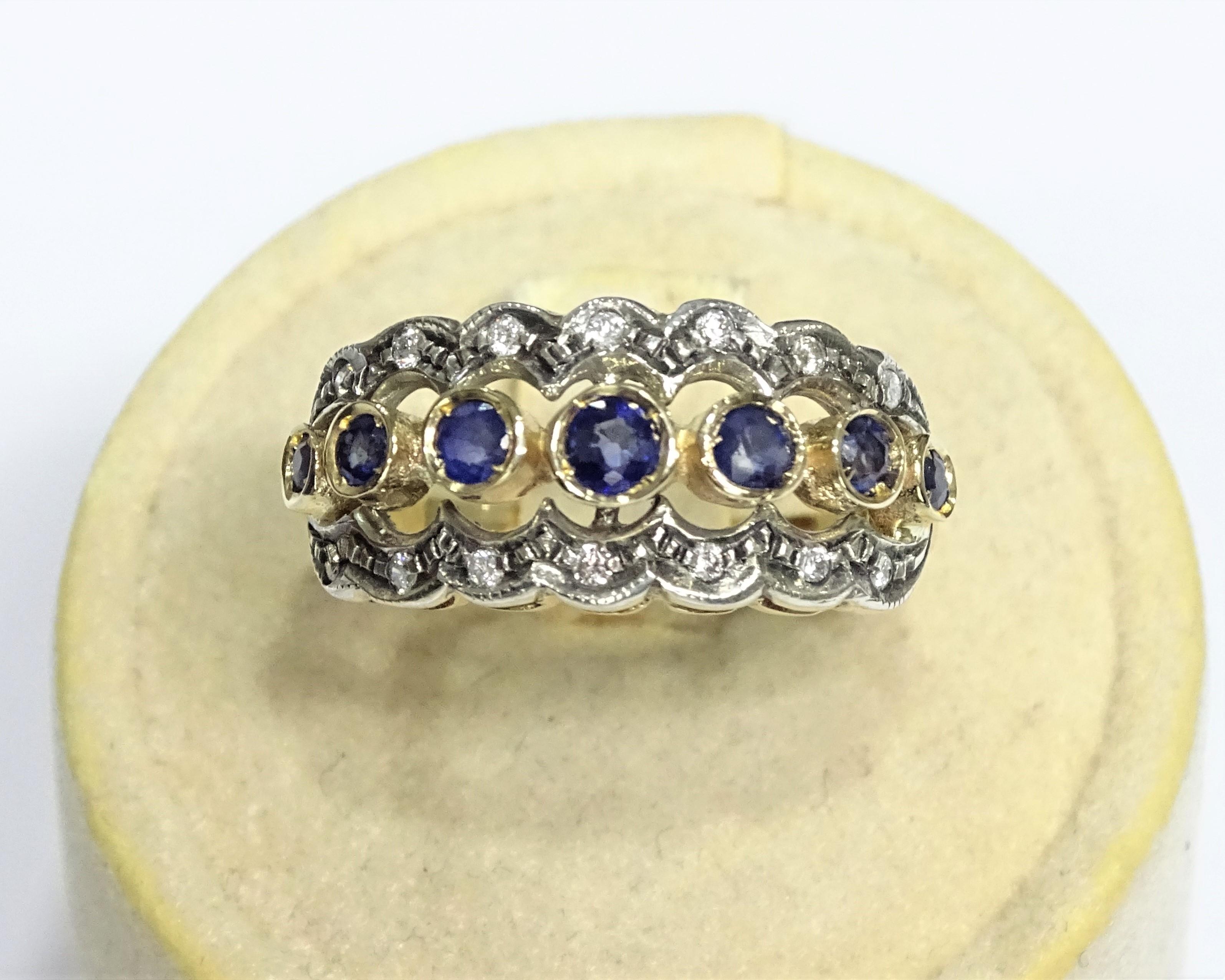Art Nouveau 0.80 Carat Sapphire White Diamonds 14 Karat Yellow Gold Ring For Sale 1
