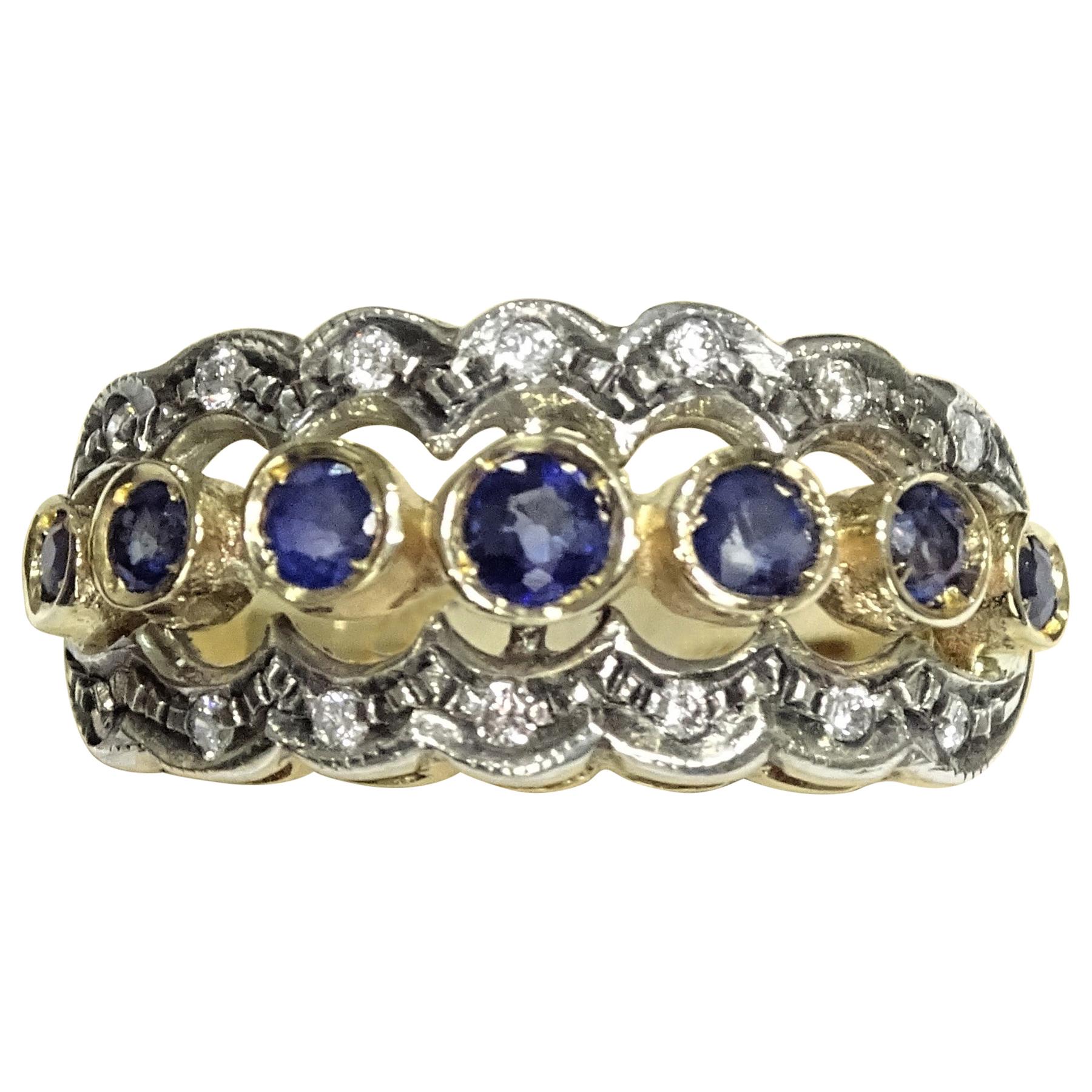 Art Nouveau 0.80 Carat Sapphire White Diamonds 14 Karat Yellow Gold Ring For Sale