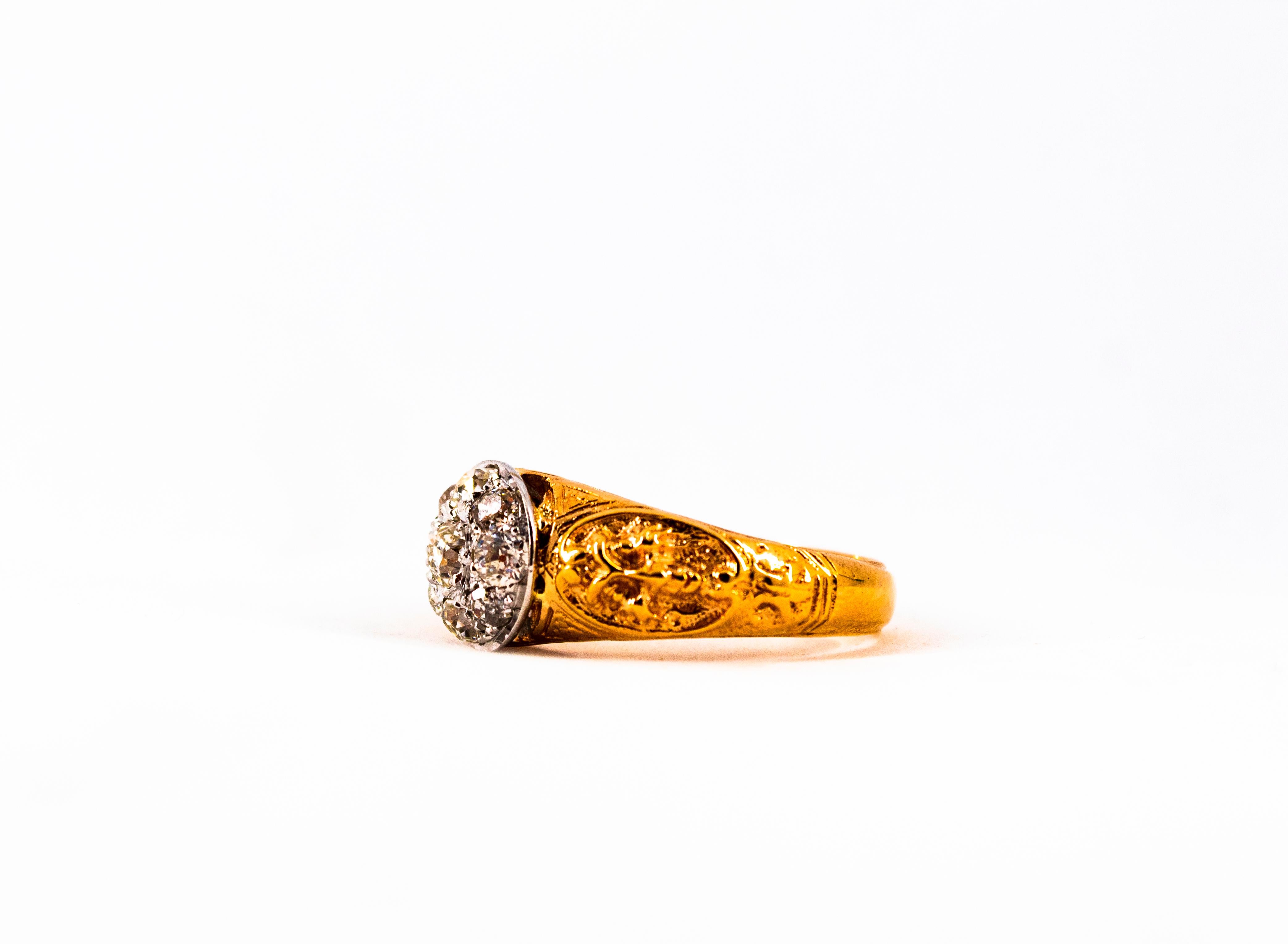 Art Nouveau 0.85 Carat White Old European Cut Diamond Yellow Gold Cocktail Ring For Sale 4