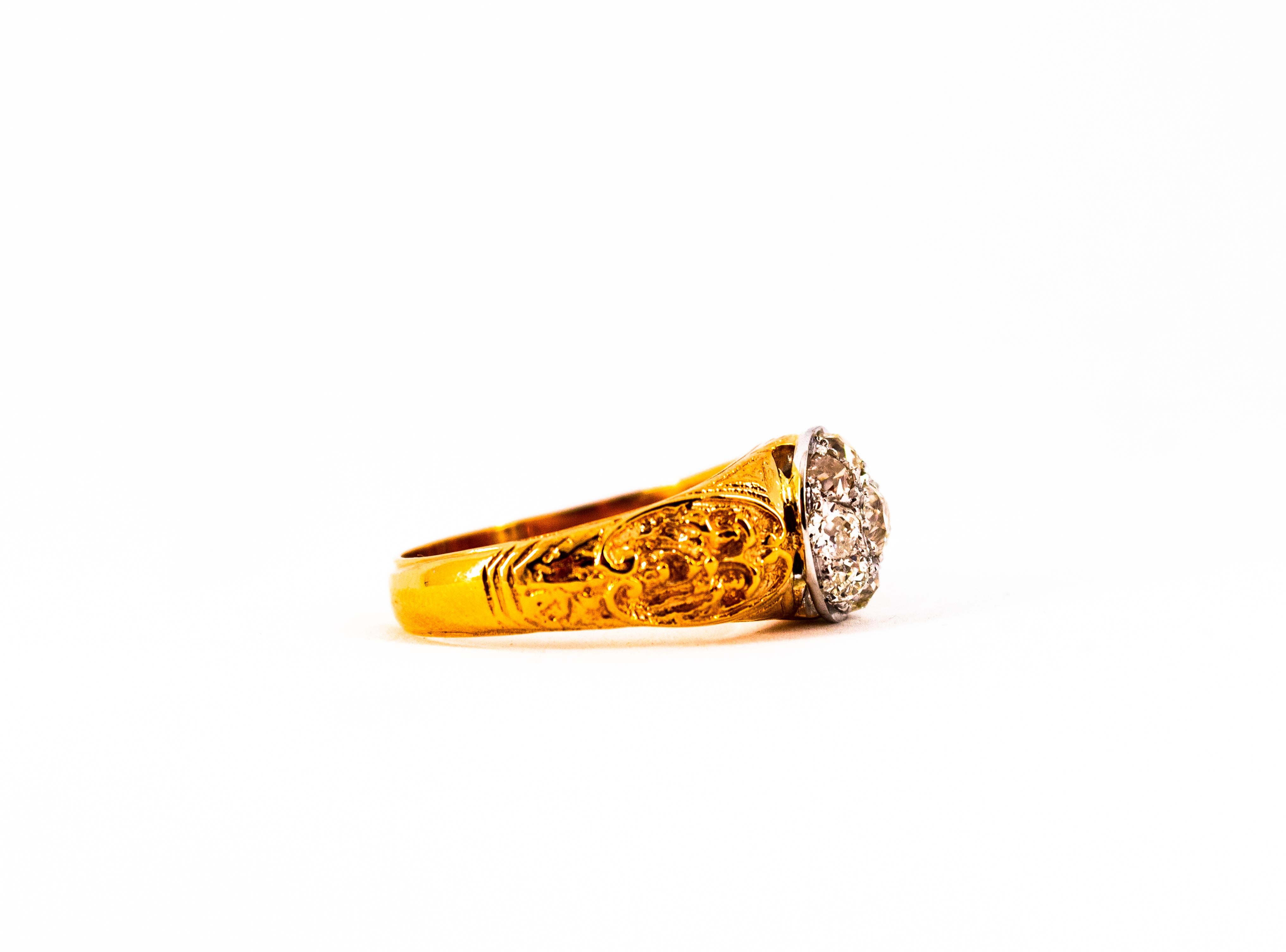 Art Nouveau 0.85 Carat White Old European Cut Diamond Yellow Gold Cocktail Ring For Sale 6