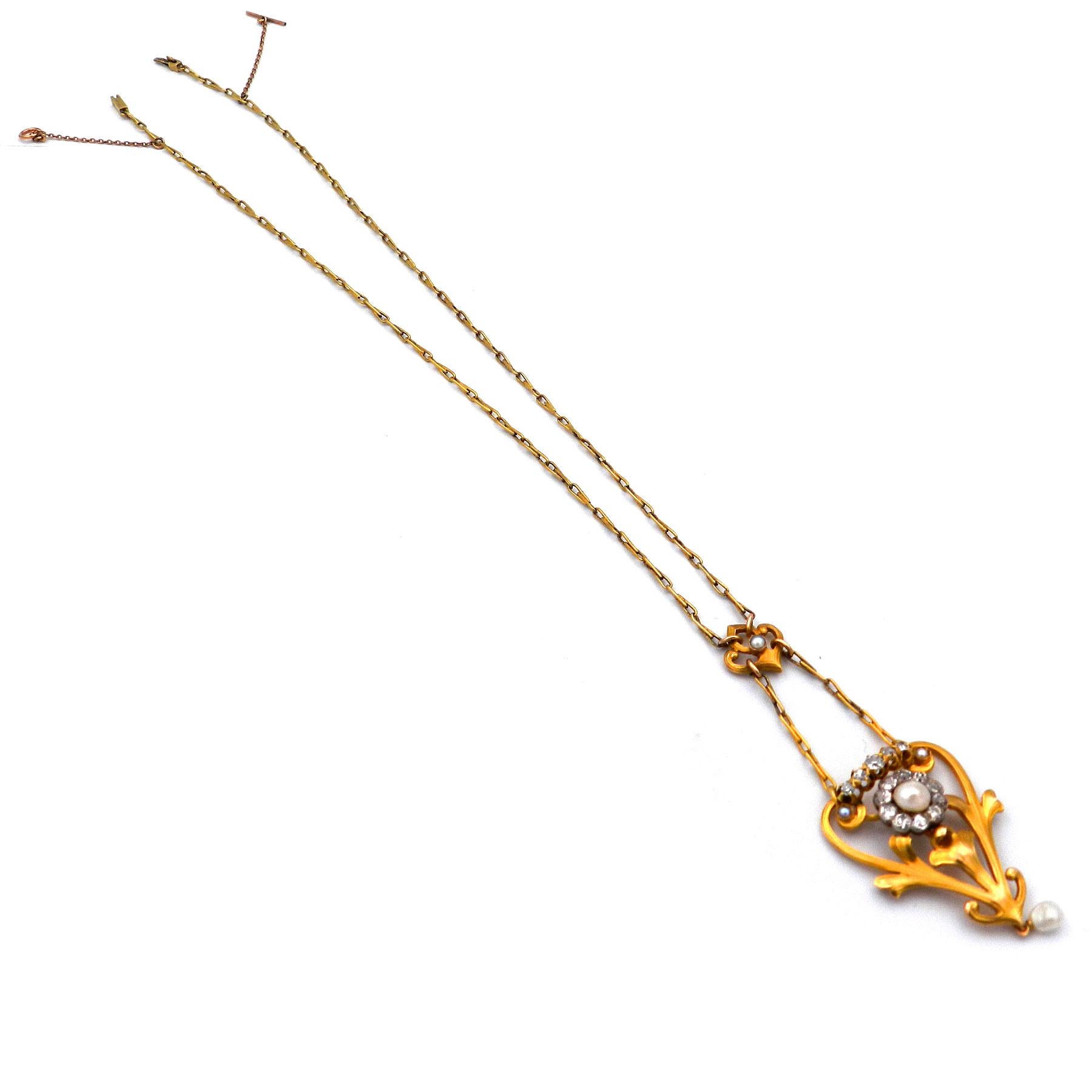 Donna Collana con diamante e perla in oro 14K Art Nouveau da 0,9 carati, circa 1905 in vendita
