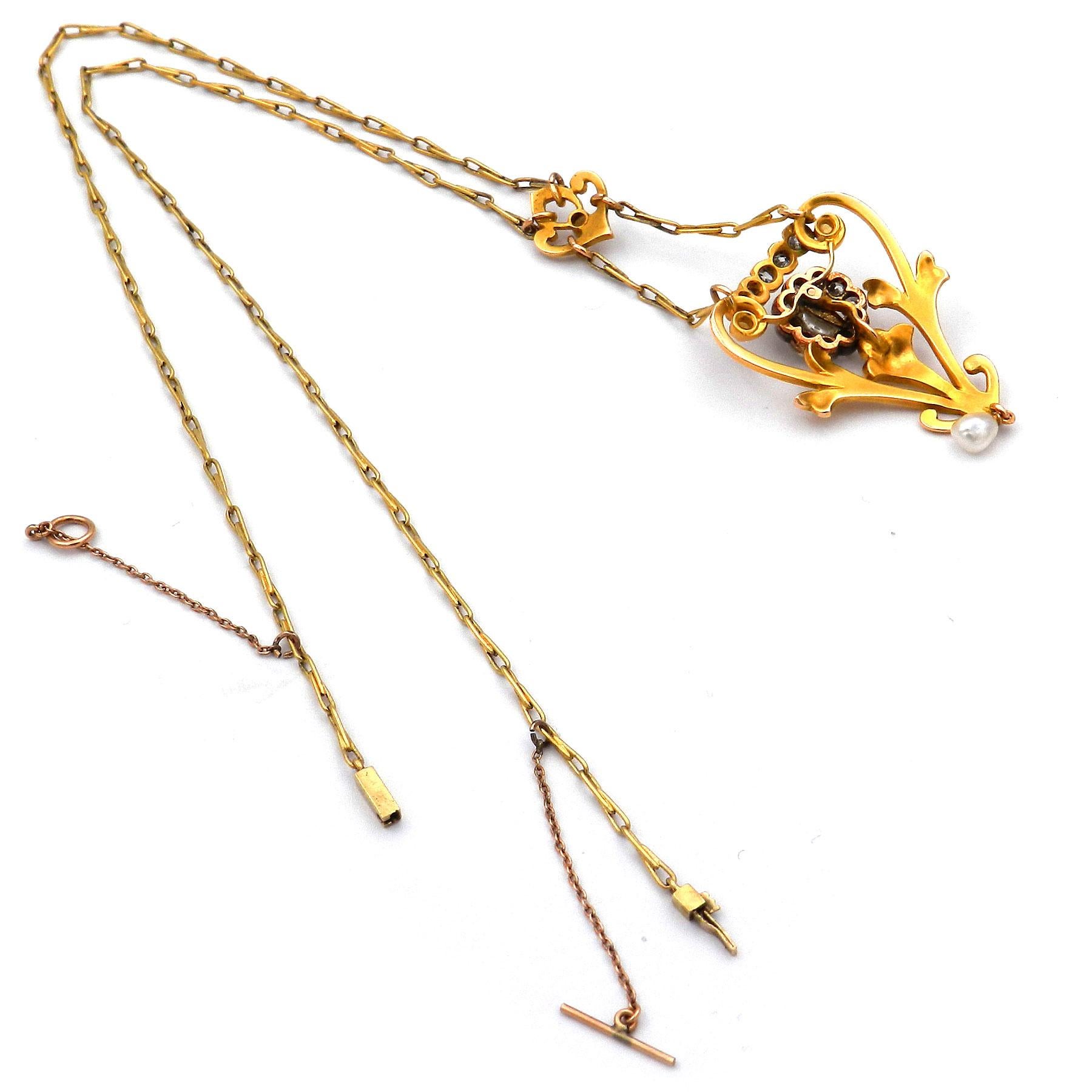Collana con diamante e perla in oro 14K Art Nouveau da 0,9 carati, circa 1905 in vendita 1