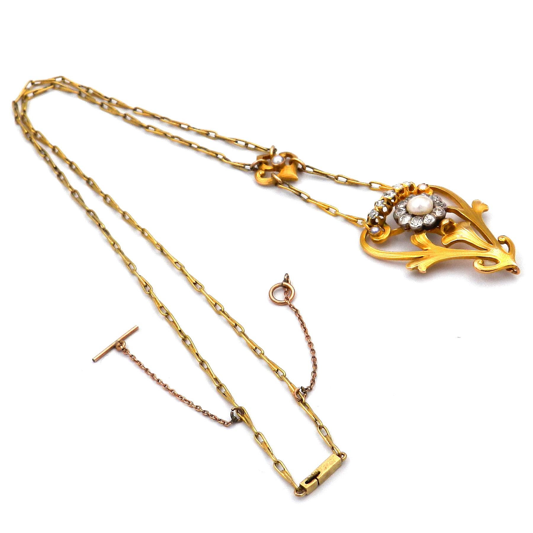 Collana con diamante e perla in oro 14K Art Nouveau da 0,9 carati, circa 1905 in vendita 2