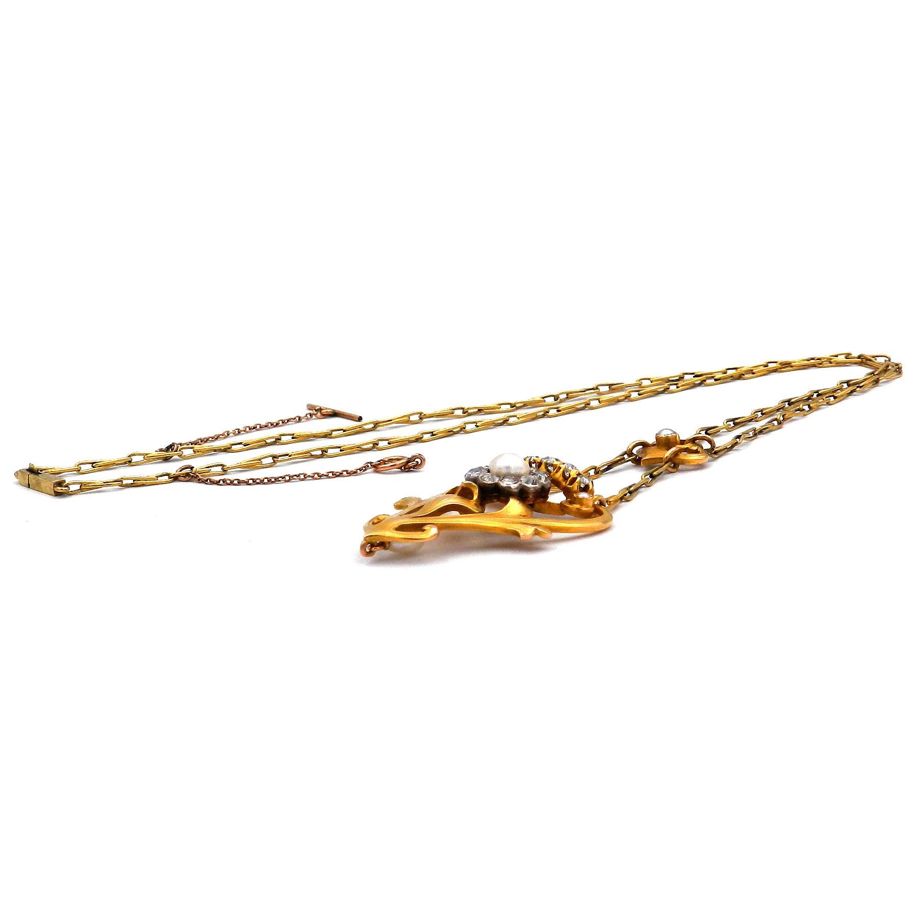 Collana con diamante e perla in oro 14K Art Nouveau da 0,9 carati, circa 1905 in vendita 3