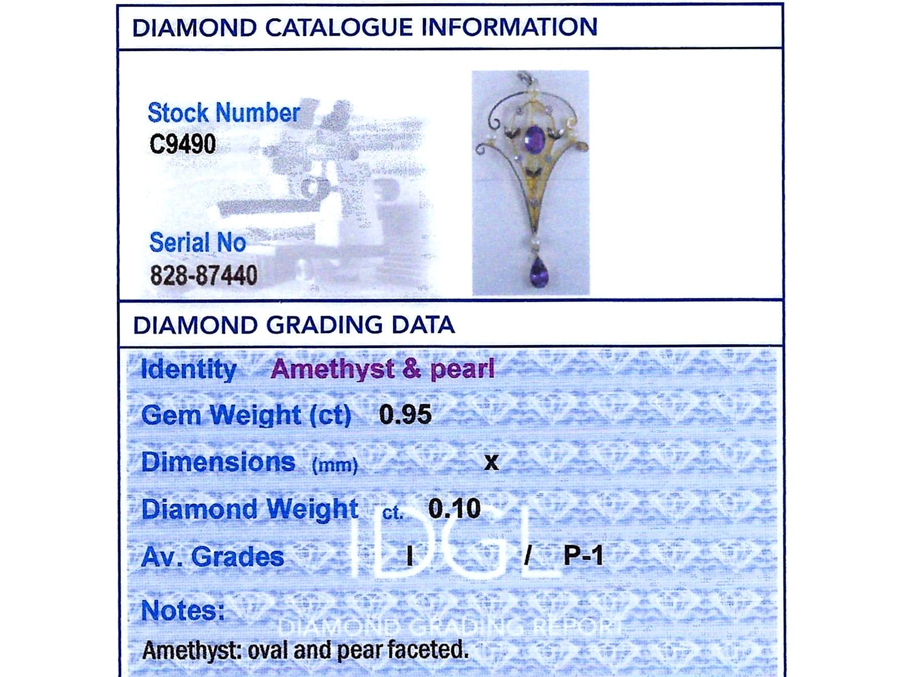 Ciondolo Art Nouveau in oro giallo 12k con ametista da 0,95 carati e diamanti da 0,10 carati in vendita 6