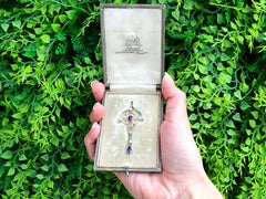 Art Nouveau 0.95 Carat Amethyst 0.10 Carat Diamond Pearl 12k Yellow Gold Pendant