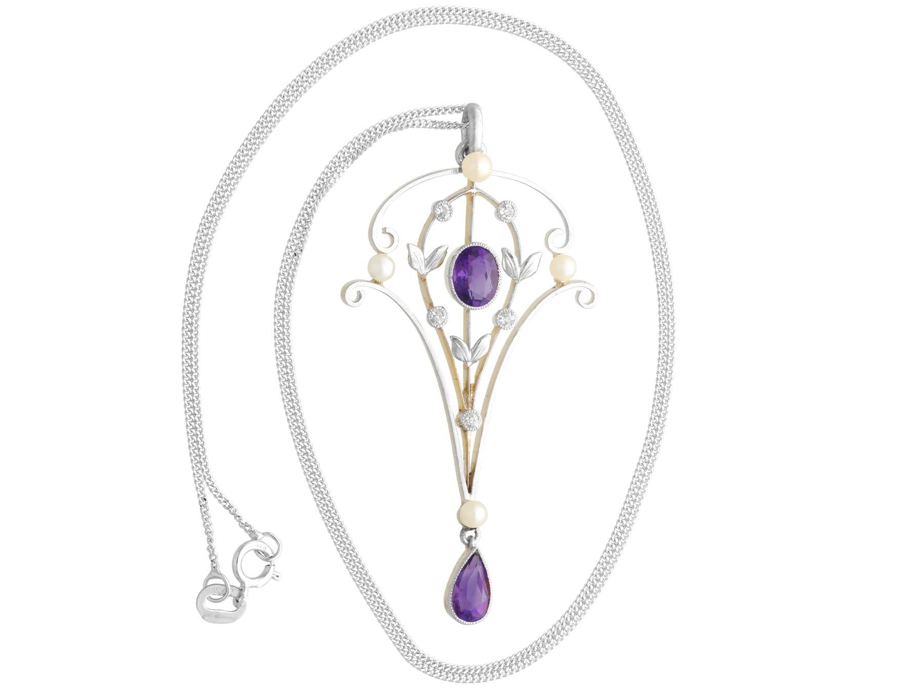 Ciondolo Art Nouveau in oro giallo 12k con ametista da 0,95 carati e diamanti da 0,10 carati in vendita 2