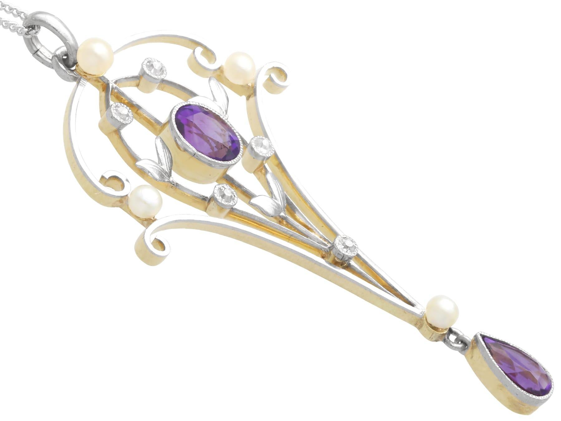 Ciondolo Art Nouveau in oro giallo 12k con ametista da 0,95 carati e diamanti da 0,10 carati in vendita 3