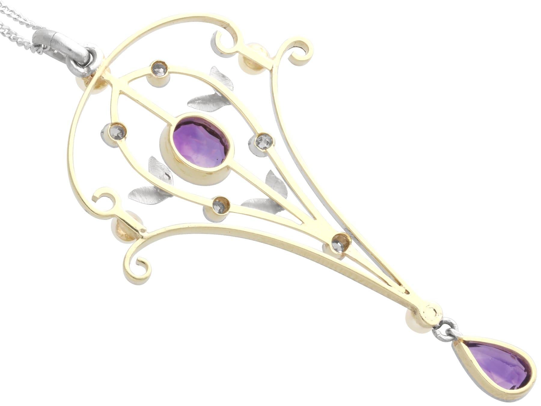 Ciondolo Art Nouveau in oro giallo 12k con ametista da 0,95 carati e diamanti da 0,10 carati in vendita 4