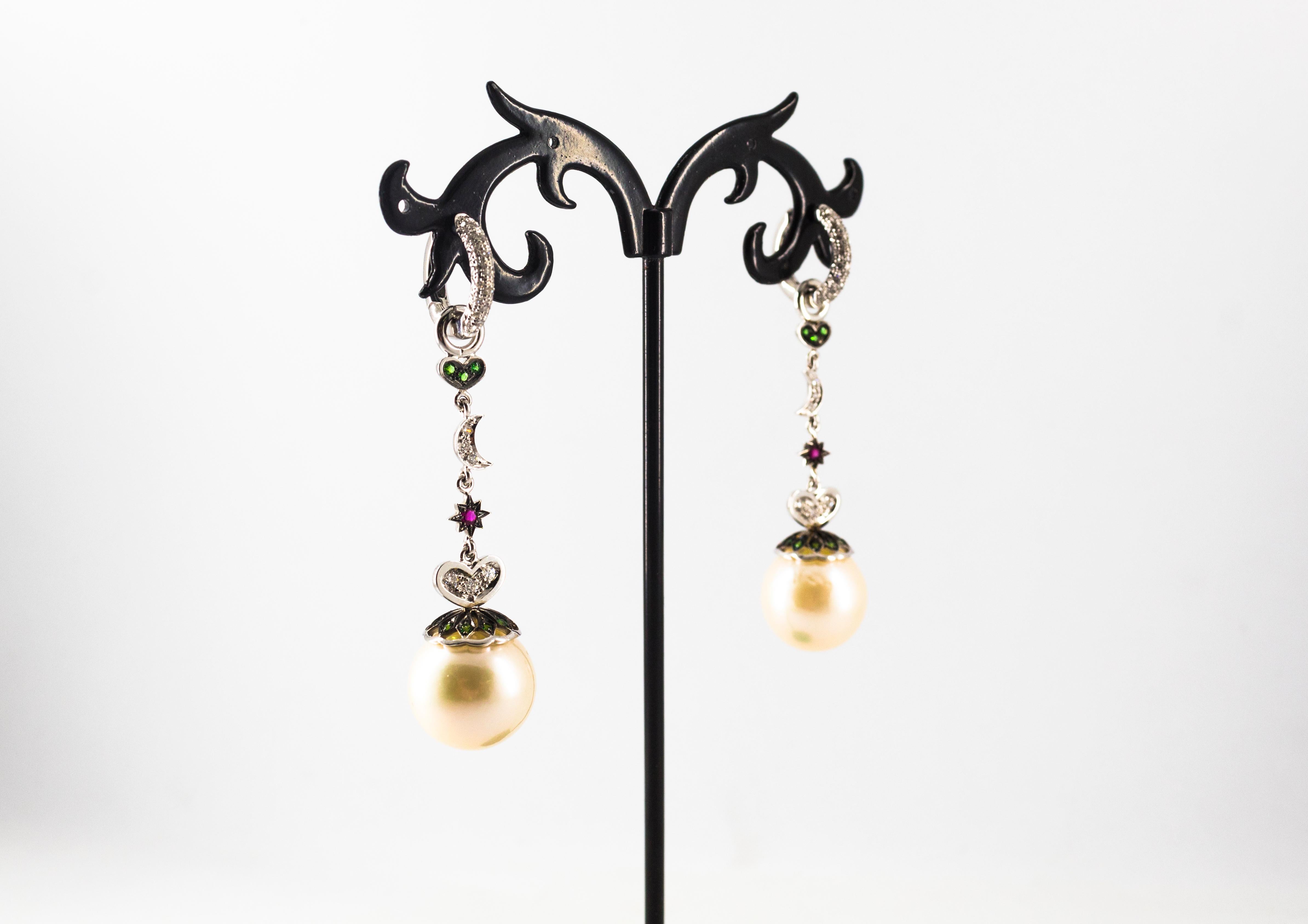 Art Nouveau 0.95 Carat White Diamond Emerald Ruby Pearl White Gold Drop Earrings For Sale 4