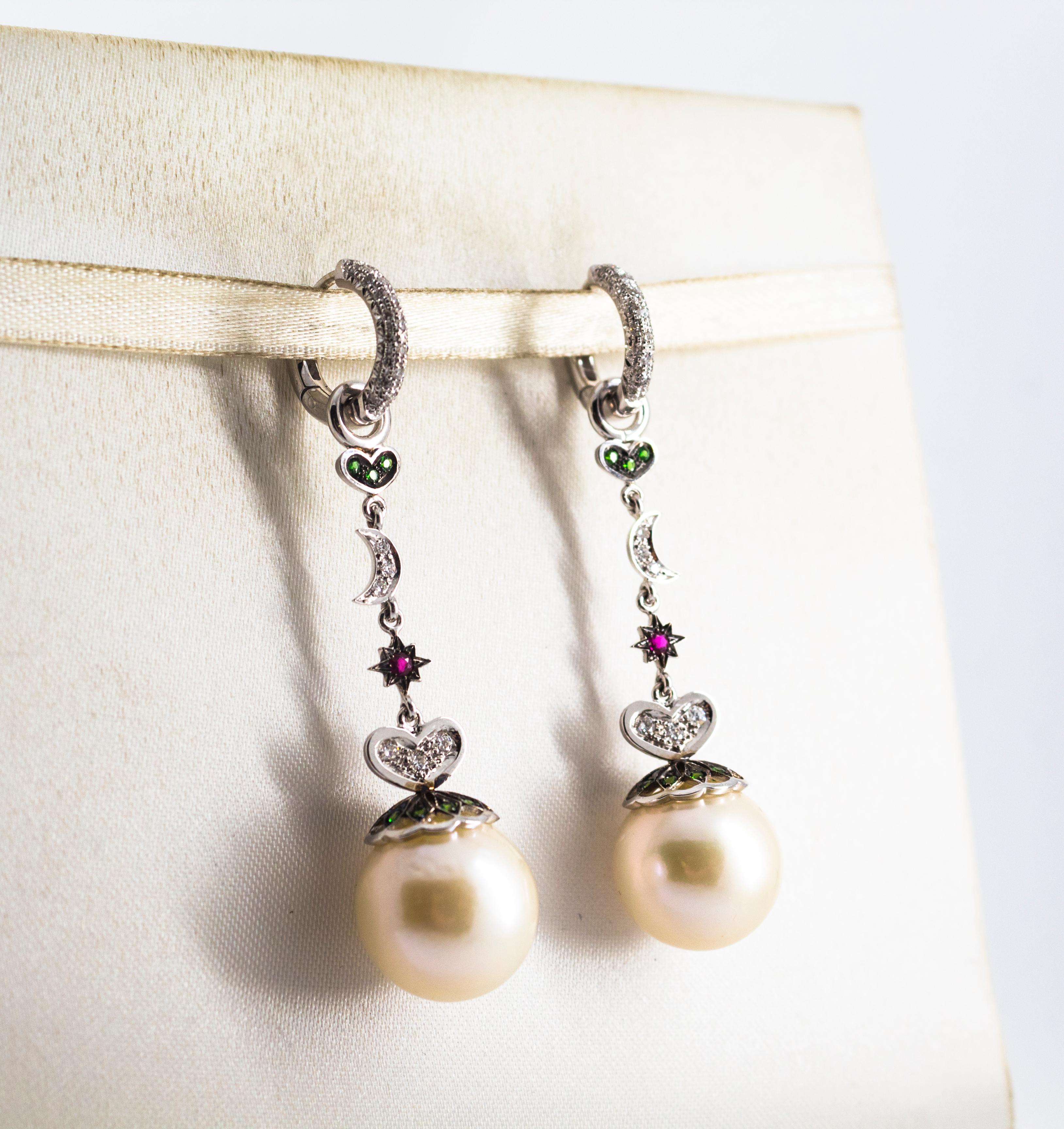 Brilliant Cut Art Nouveau 0.95 Carat White Diamond Emerald Ruby Pearl White Gold Drop Earrings For Sale