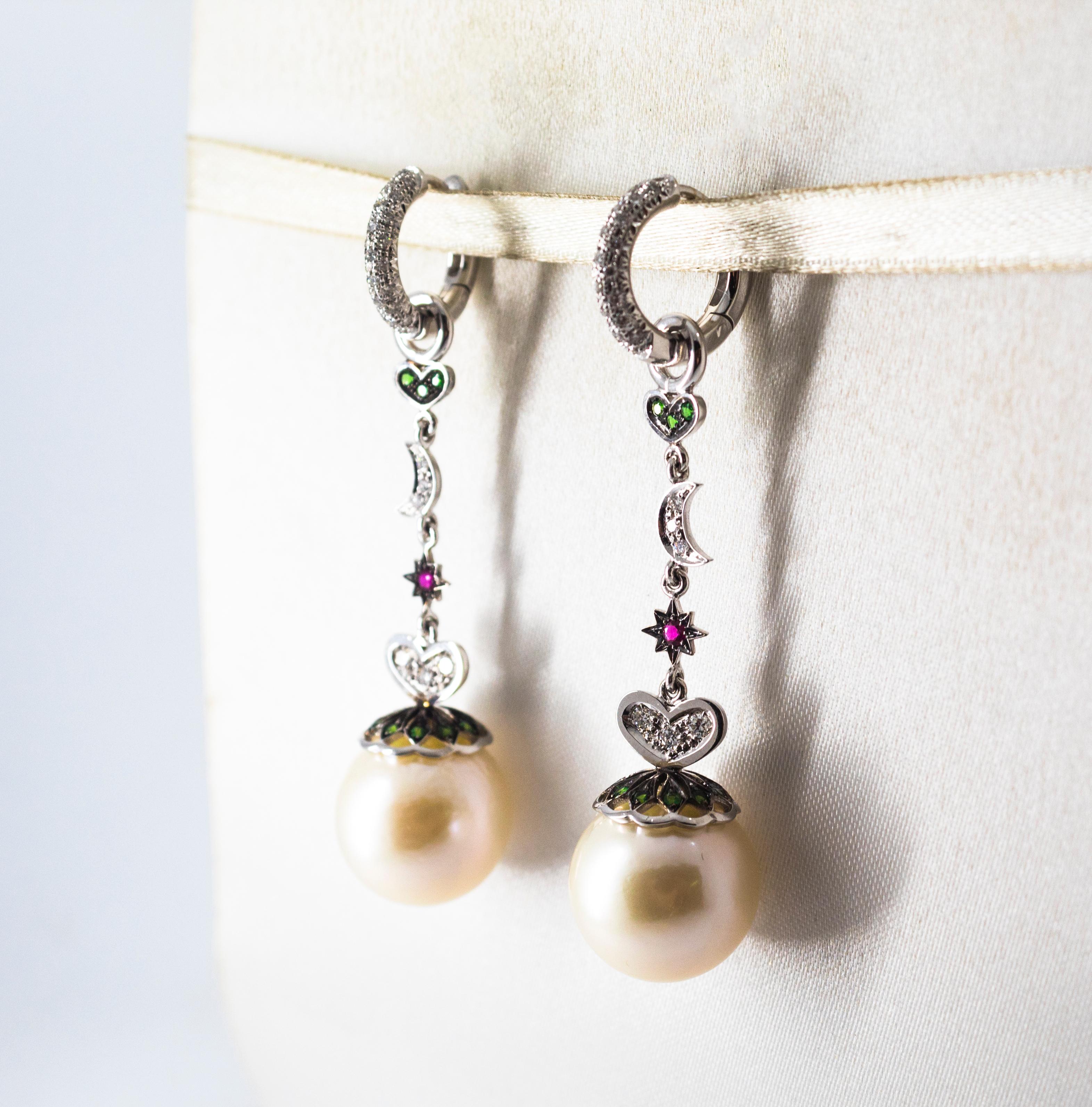 Art Nouveau 0.95 Carat White Diamond Emerald Ruby Pearl White Gold Drop Earrings 1