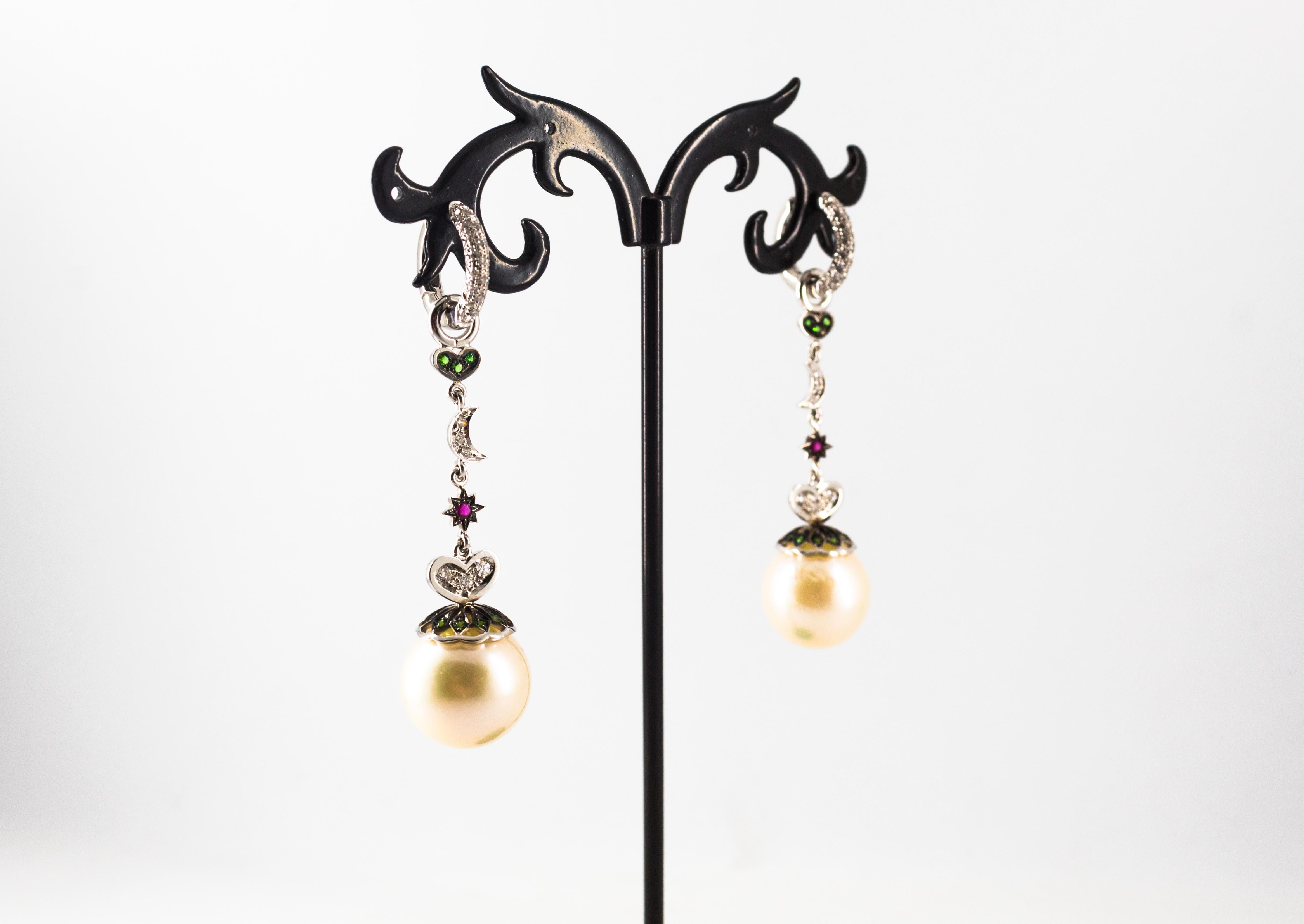 Art Nouveau 0.95 Carat White Diamond Emerald Ruby Pearl White Gold Drop Earrings For Sale 3