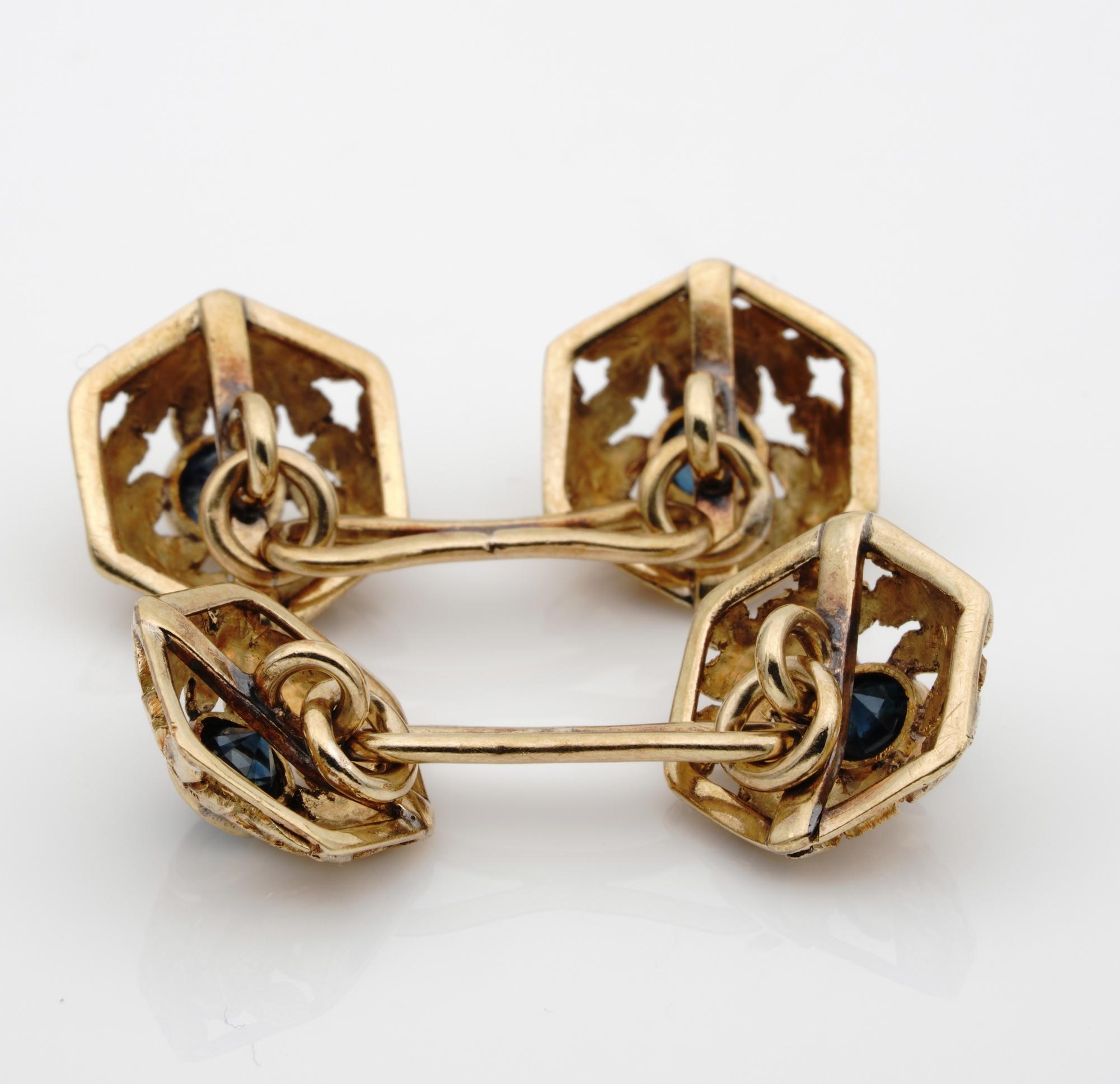 Art Nouveau 1.0 Ct Natural Sapphire 18 KT Gold Cuff links For Sale 2
