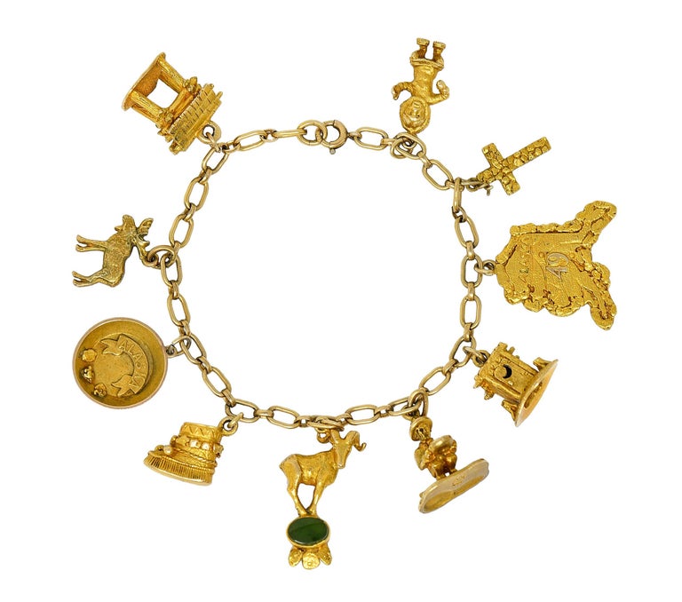 Art Nouveau 10 Karat Yellow Gold Alaskan Gold Rush Charm Bracelet For ...
