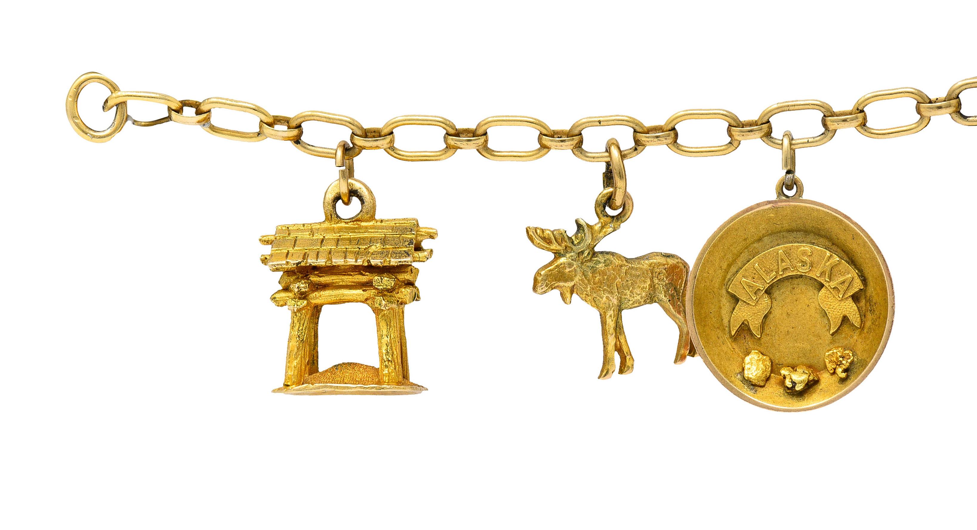 Jugendstil 10 Karat Gelbgold Alaska Gold Binsen-Charm-Armband für Damen oder Herren