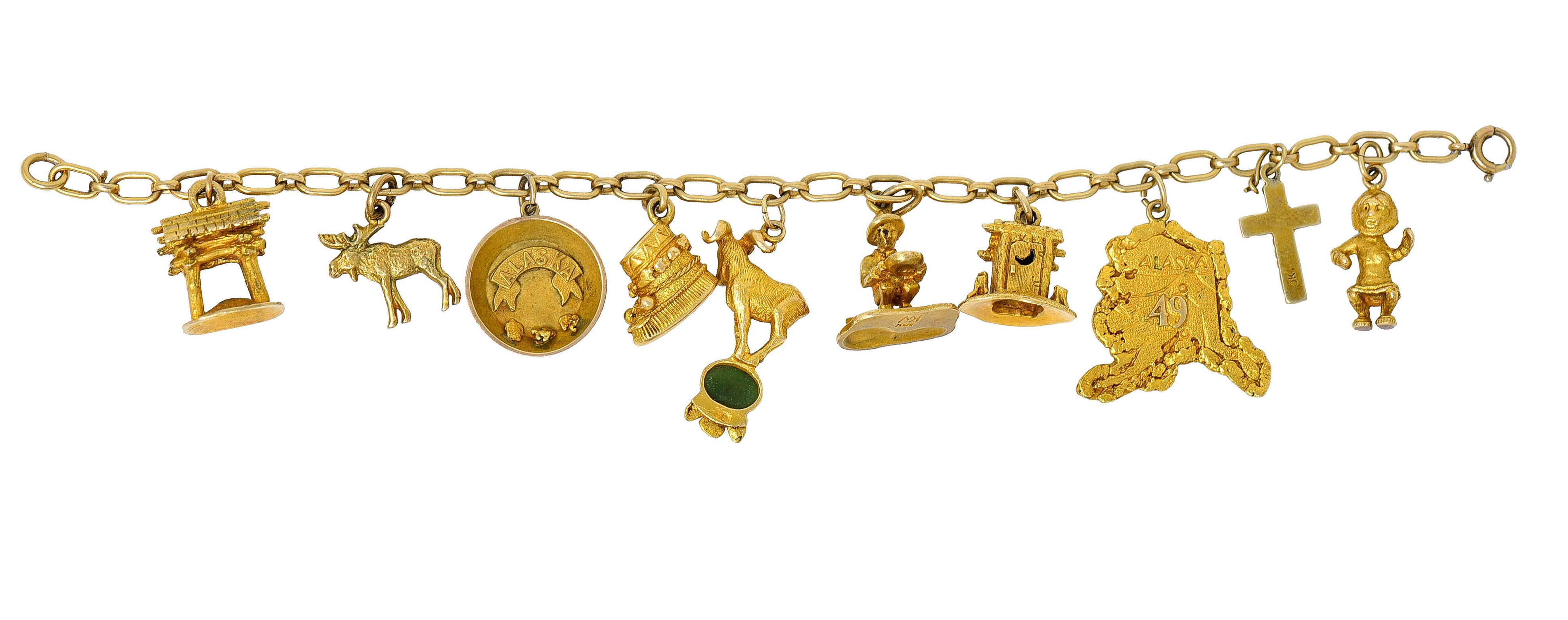 Jugendstil 10 Karat Gelbgold Alaska Gold Binsen-Charm-Armband 3