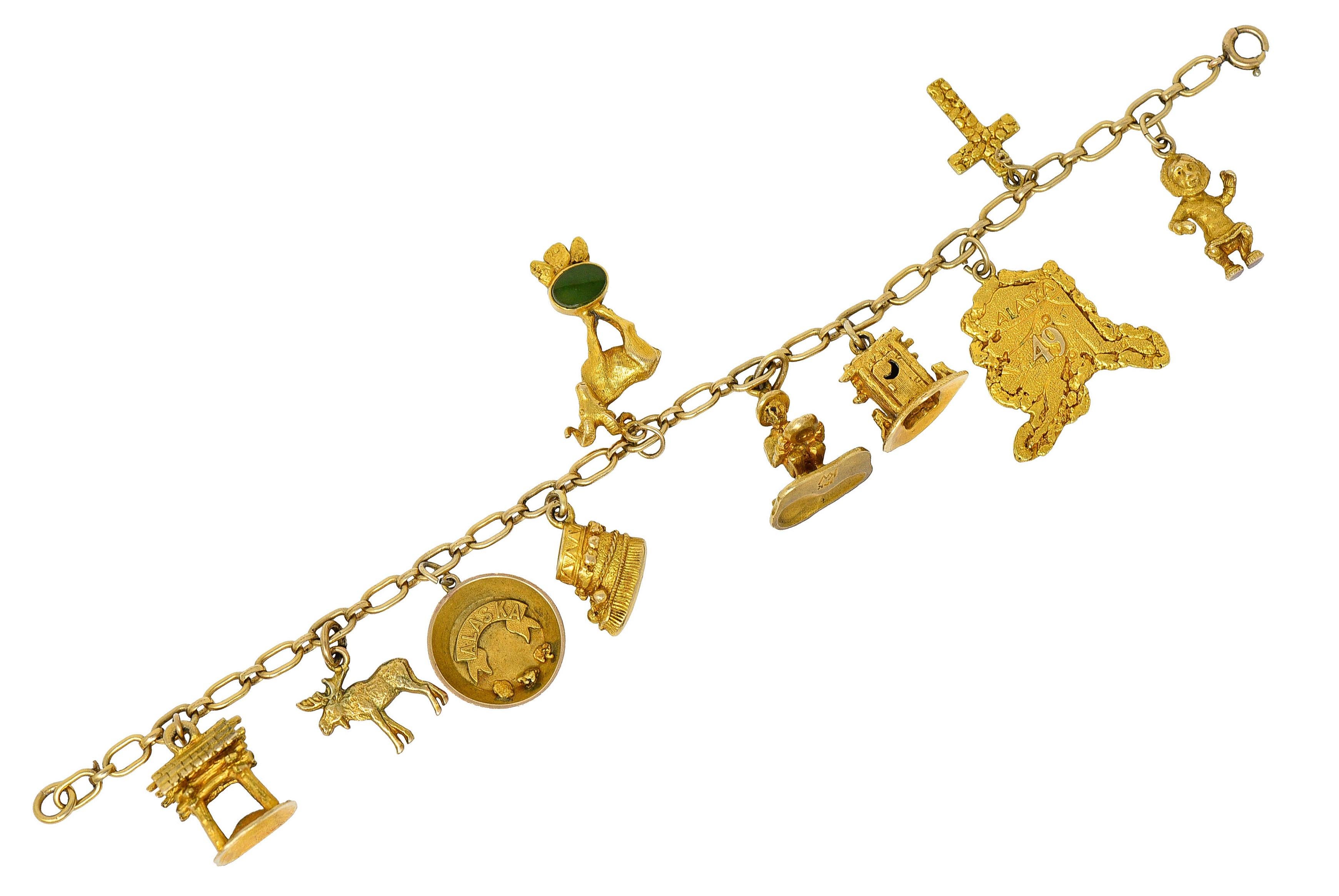 Jugendstil 10 Karat Gelbgold Alaska Gold Binsen-Charm-Armband 4