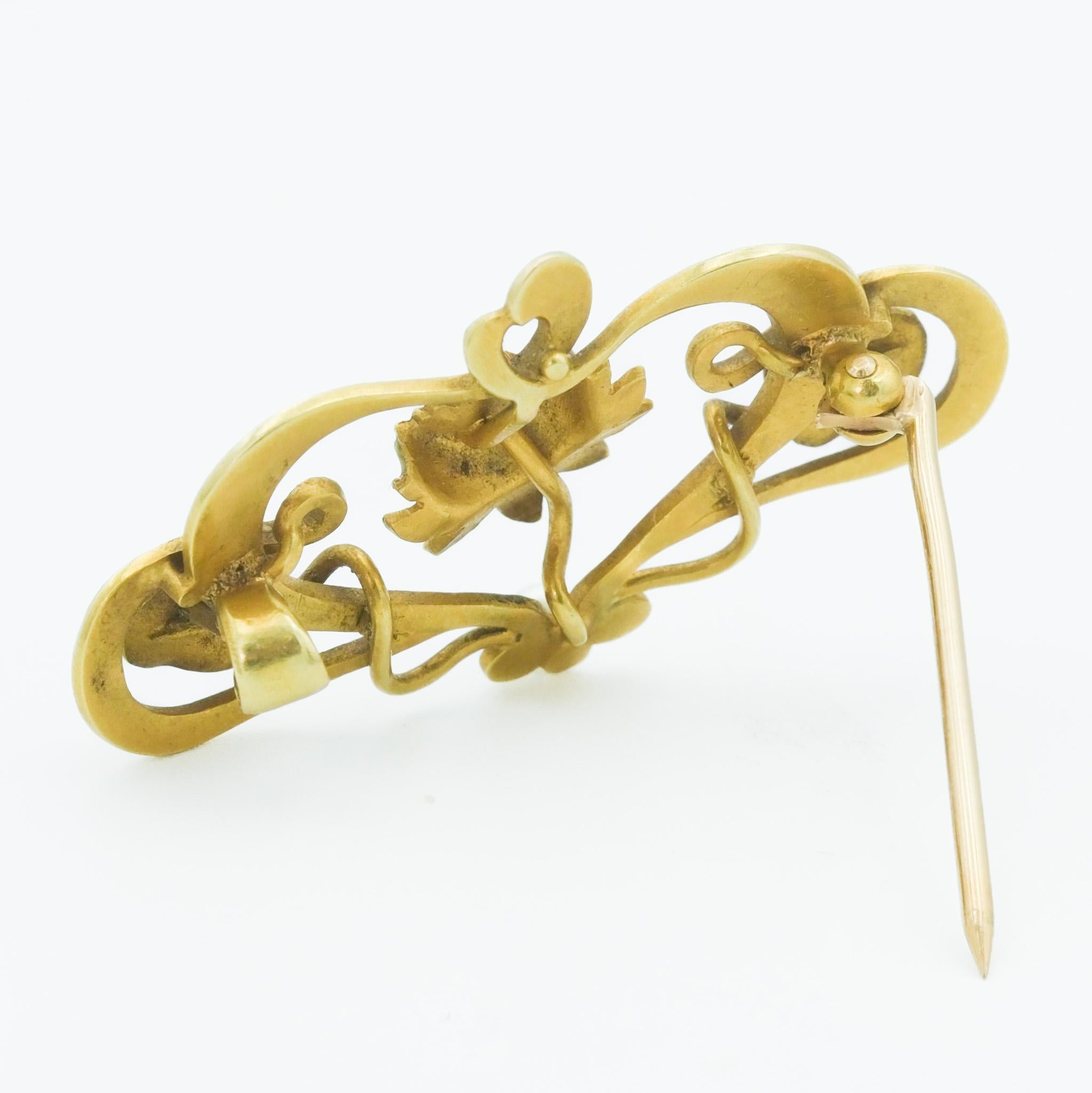 Cabochon Art Nouveau 10 Karat Yellow Gold Enamel Flower Pearl Brooch Pin For Sale