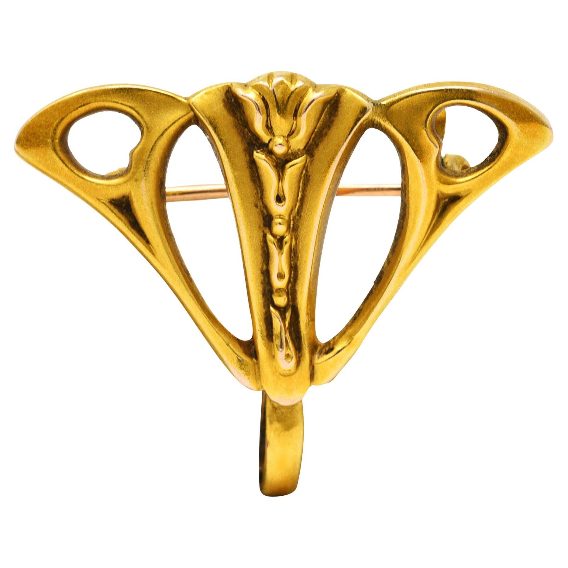 Art Nouveau 10 Karat Yellow Gold Lotus Ginkgo Watch Locket Pendant Pin