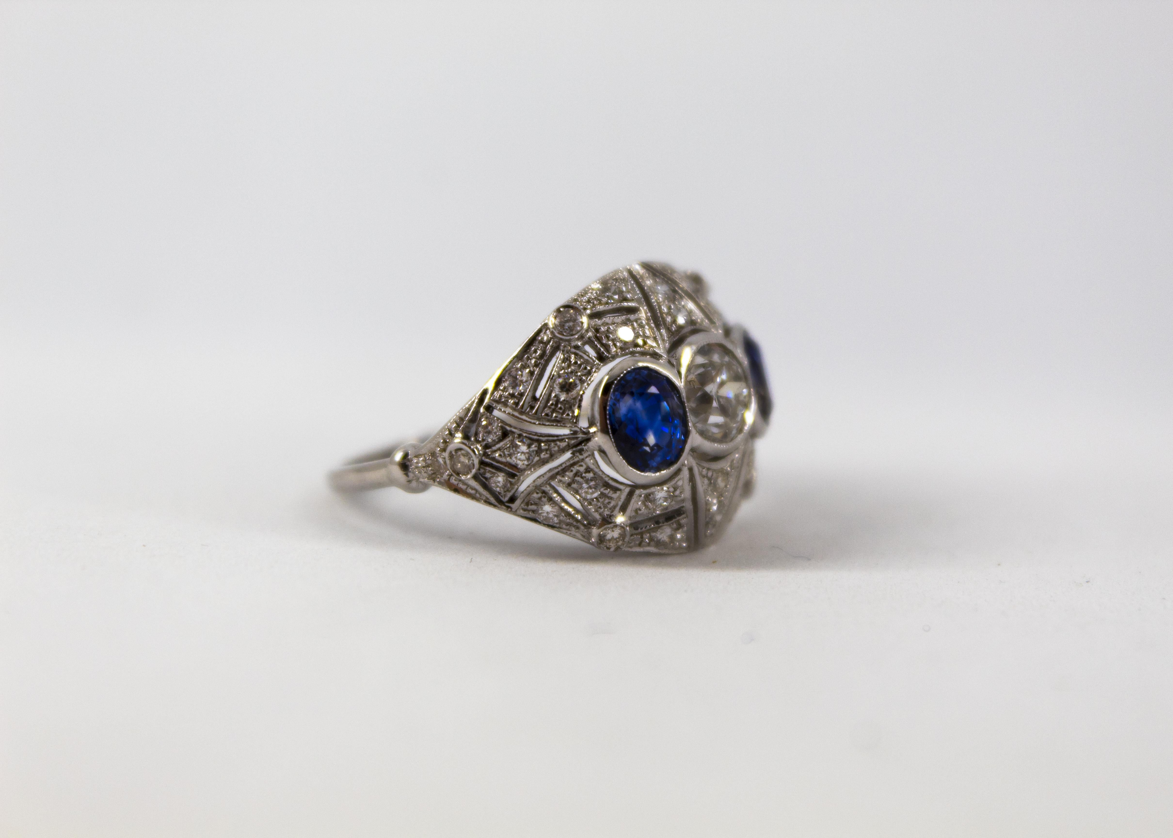 Women's or Men's Art Nouveau 1.00 Carat White Diamond 1.40 Carat Blue Sapphire White Gold Ring For Sale