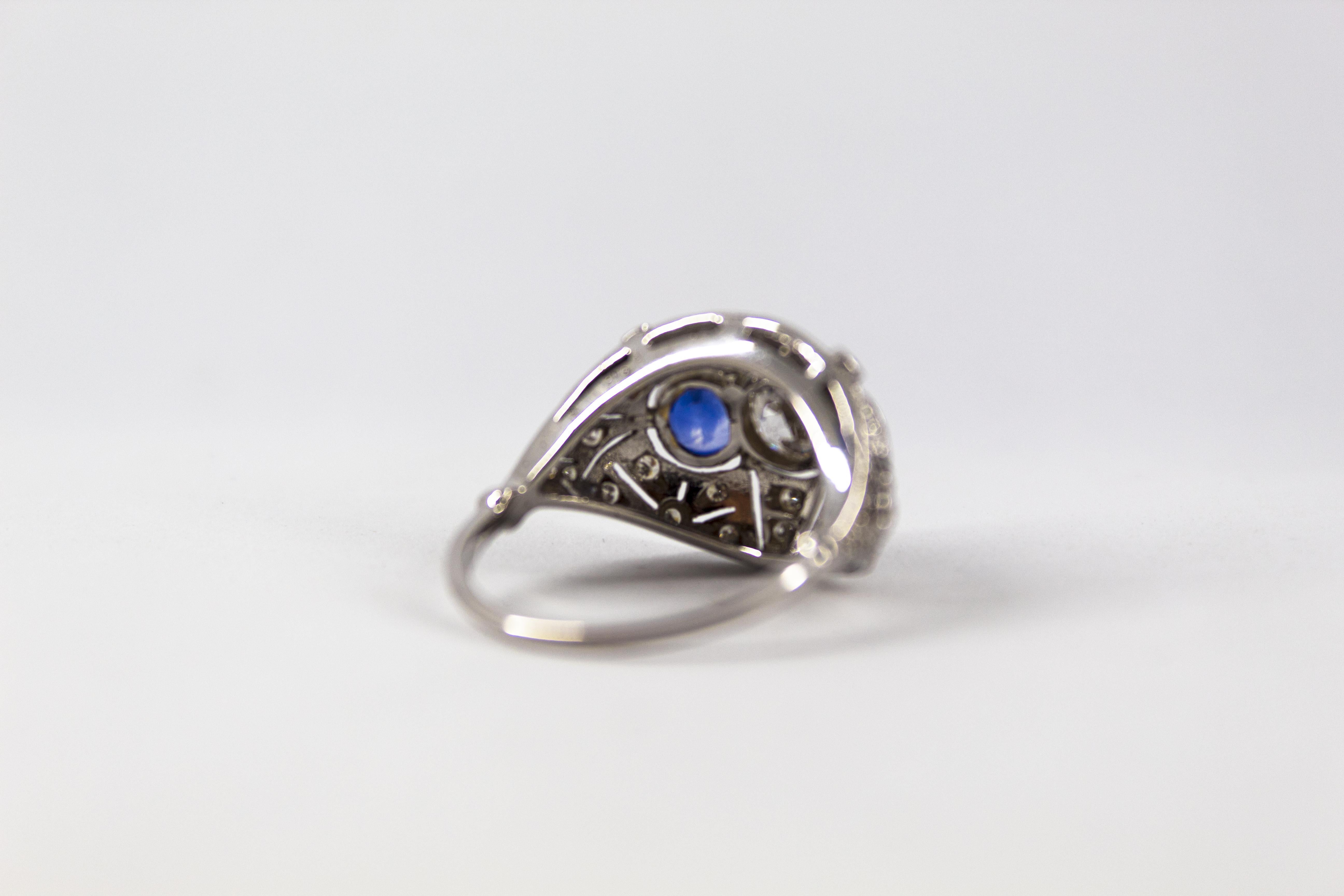 Art Nouveau 1.00 Carat White Diamond 1.40 Carat Blue Sapphire White Gold Ring For Sale 1