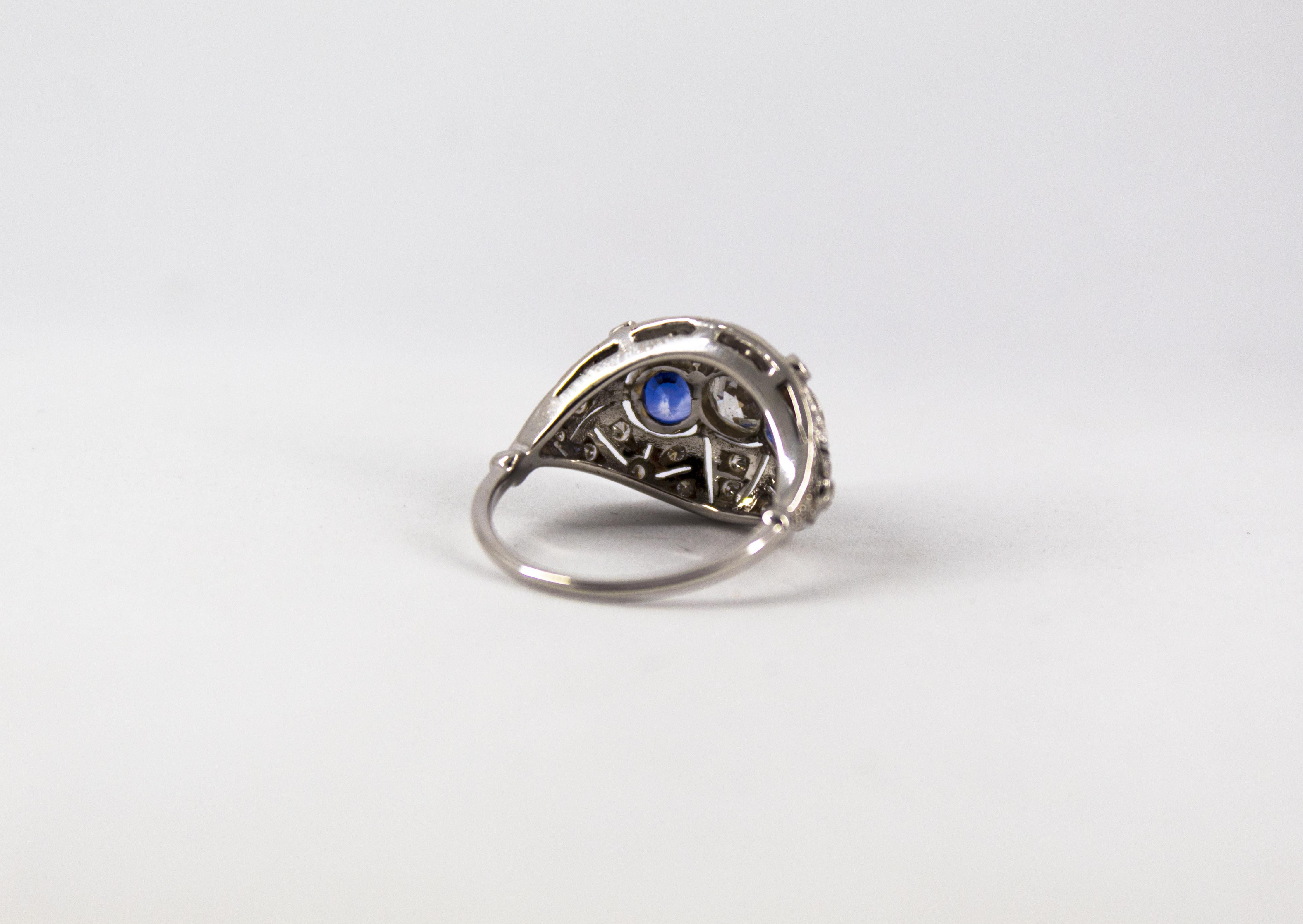 Art Nouveau 1.00 Carat White Diamond 1.40 Carat Blue Sapphire White Gold Ring For Sale 2