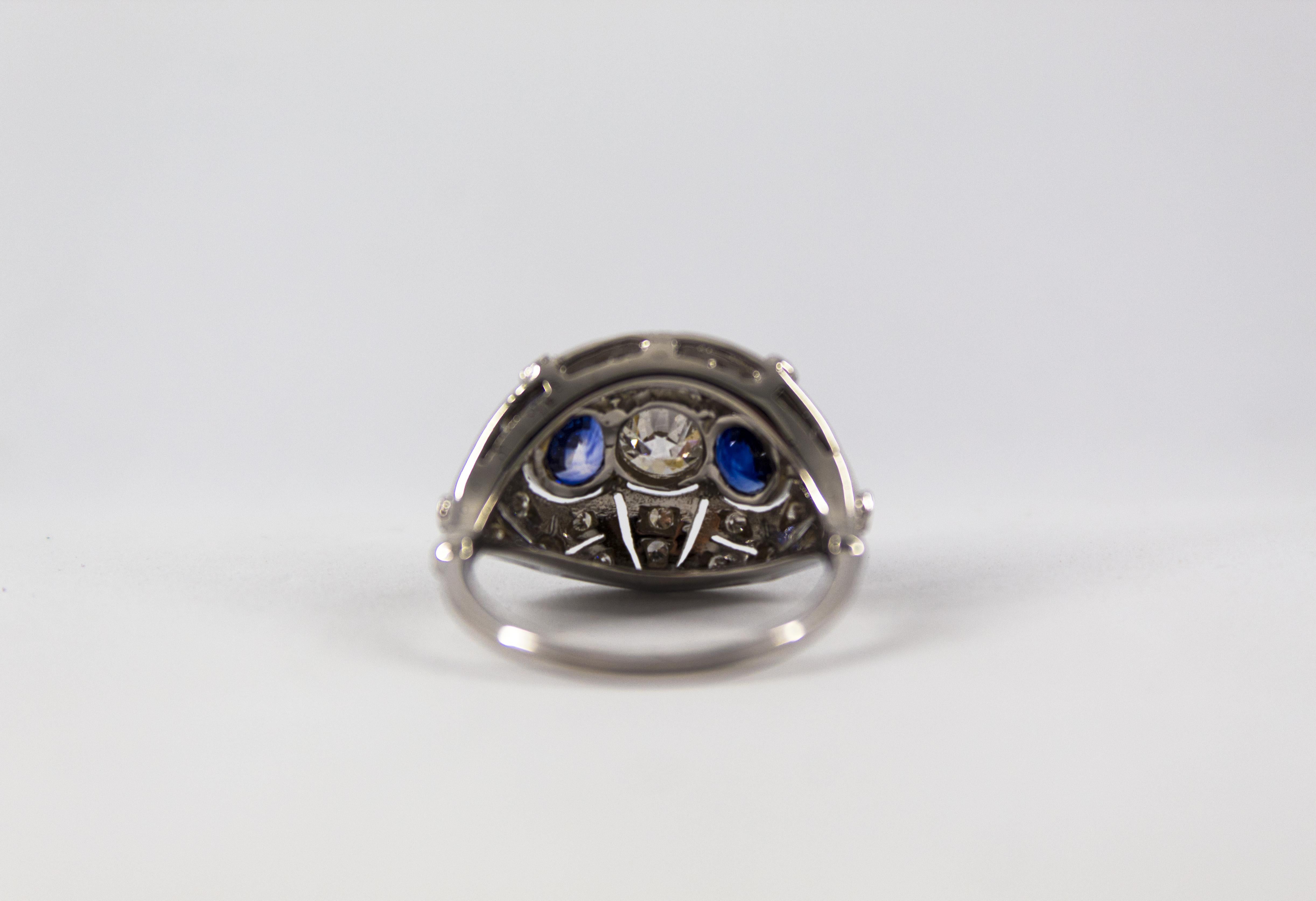 Art Nouveau 1.00 Carat White Diamond 1.40 Carat Blue Sapphire White Gold Ring For Sale 3