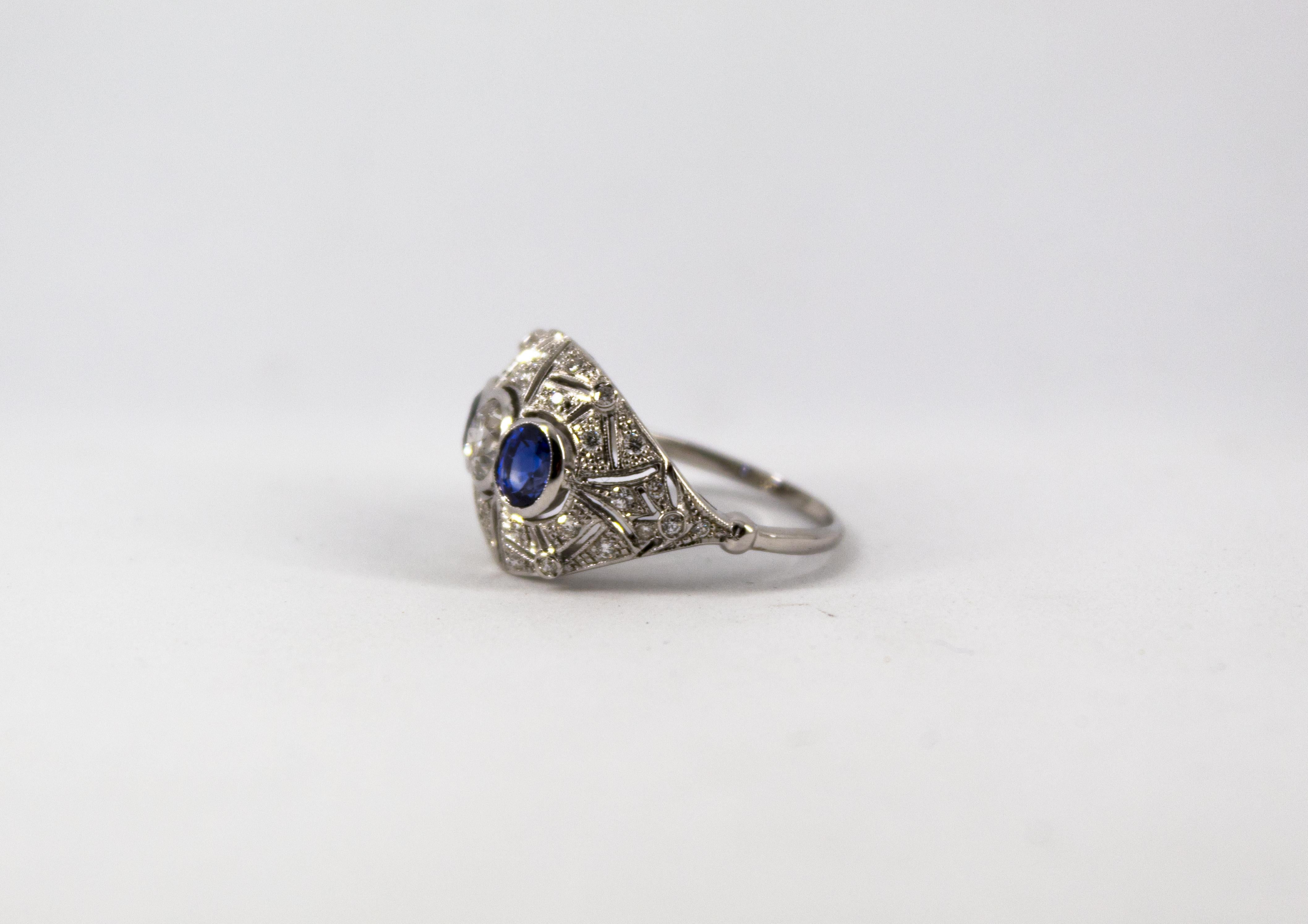 Art Nouveau 1.00 Carat White Diamond 1.40 Carat Blue Sapphire White Gold Ring For Sale 4
