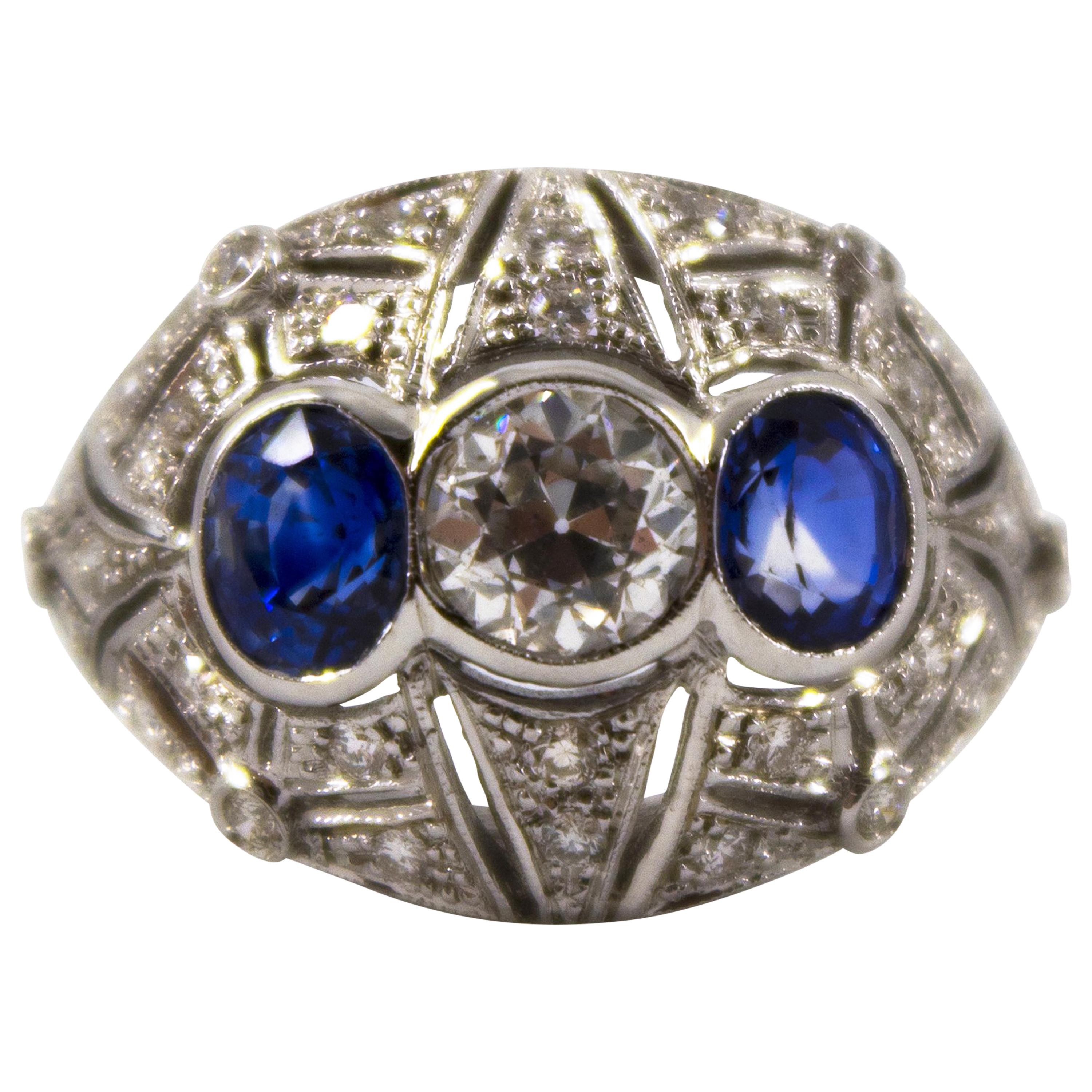 Art Nouveau 1.00 Carat White Diamond 1.40 Carat Blue Sapphire White Gold Ring For Sale