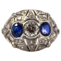 Weißgold-Ring, Jugendstil, 1,00 Karat weißer Diamant 1,40 Karat blauer Saphir