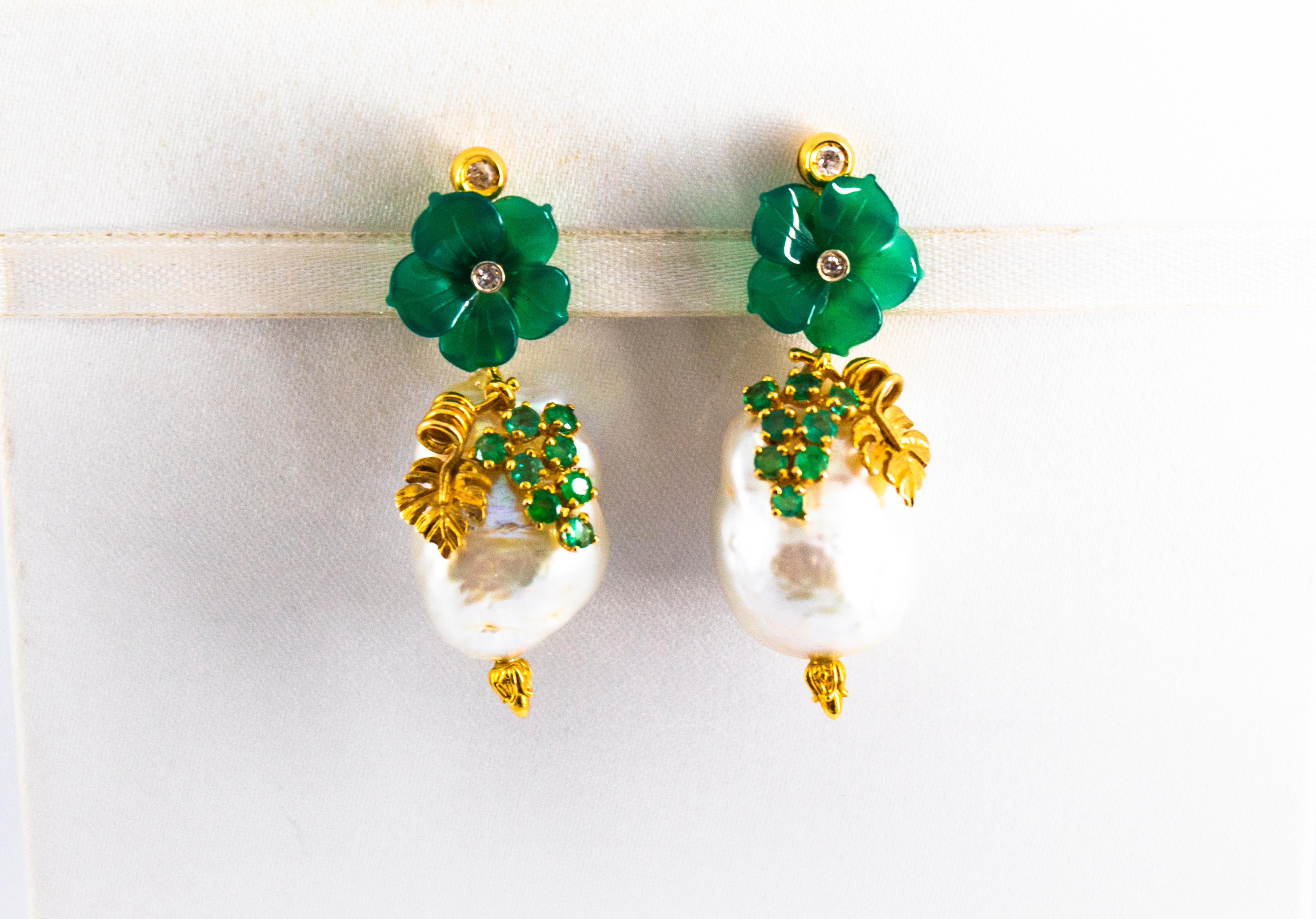 Art Nouveau 1.02 Carat White Diamond Emerald Agate Yellow Gold Flowers Earrings 1