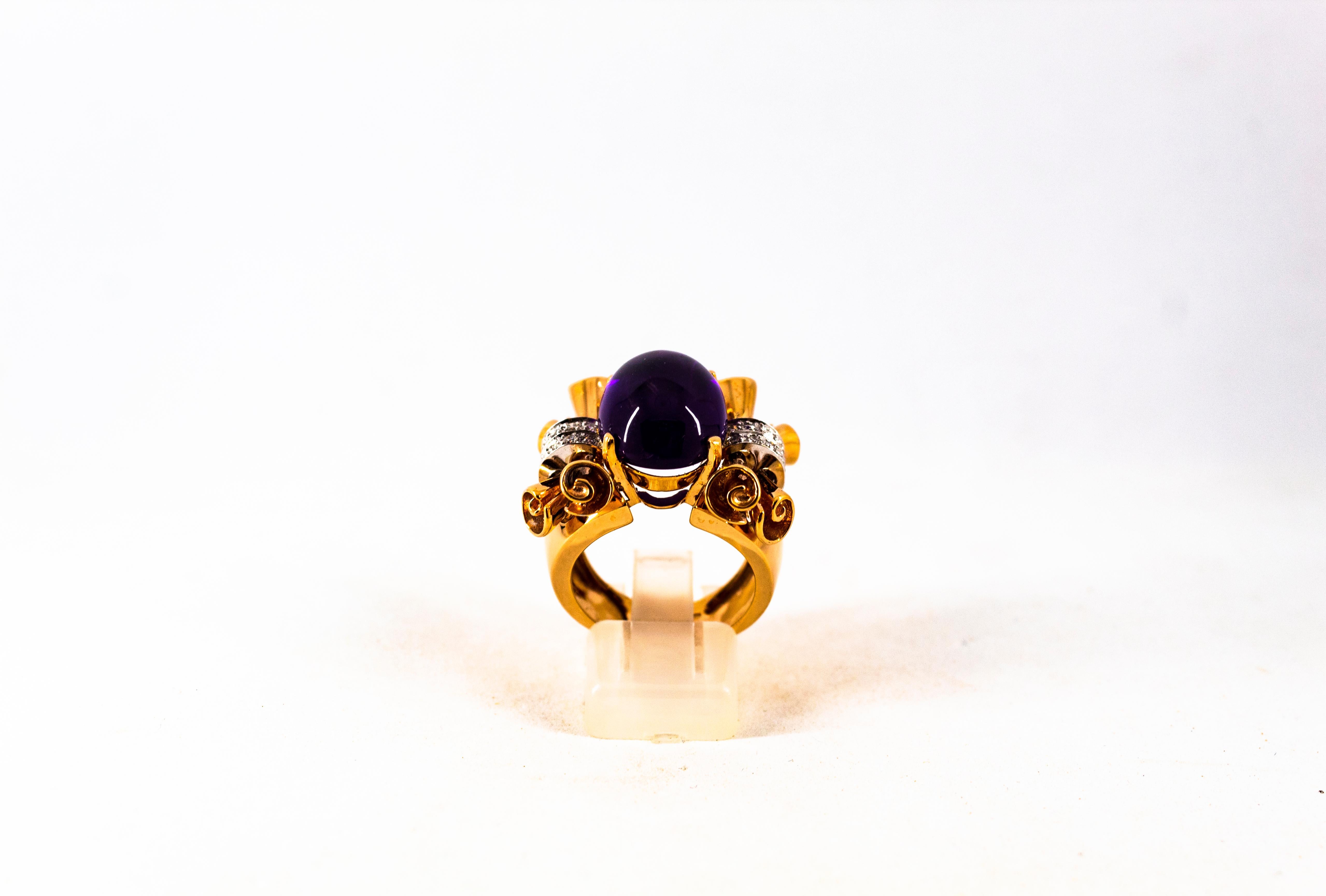 Taglio brillante Anello da cocktail in oro giallo con diamante bianco e ametista da 10,30 carati Art Nouveau in vendita