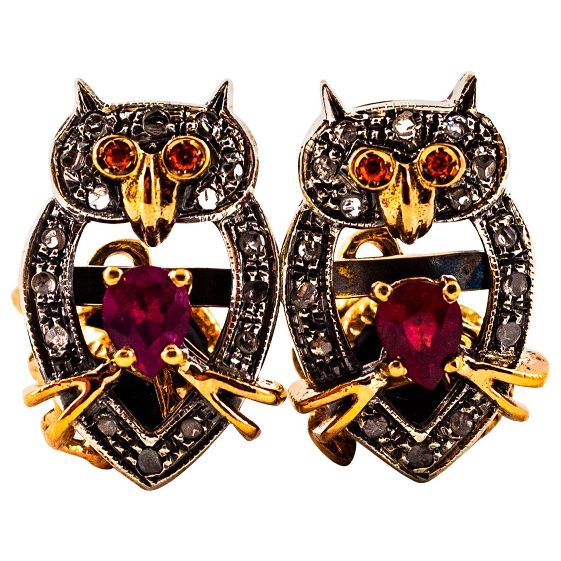 Art Nouveau 1.13 Carat White Diamond Ruby Onyx Yellow Gold "Owl" Cufflinks