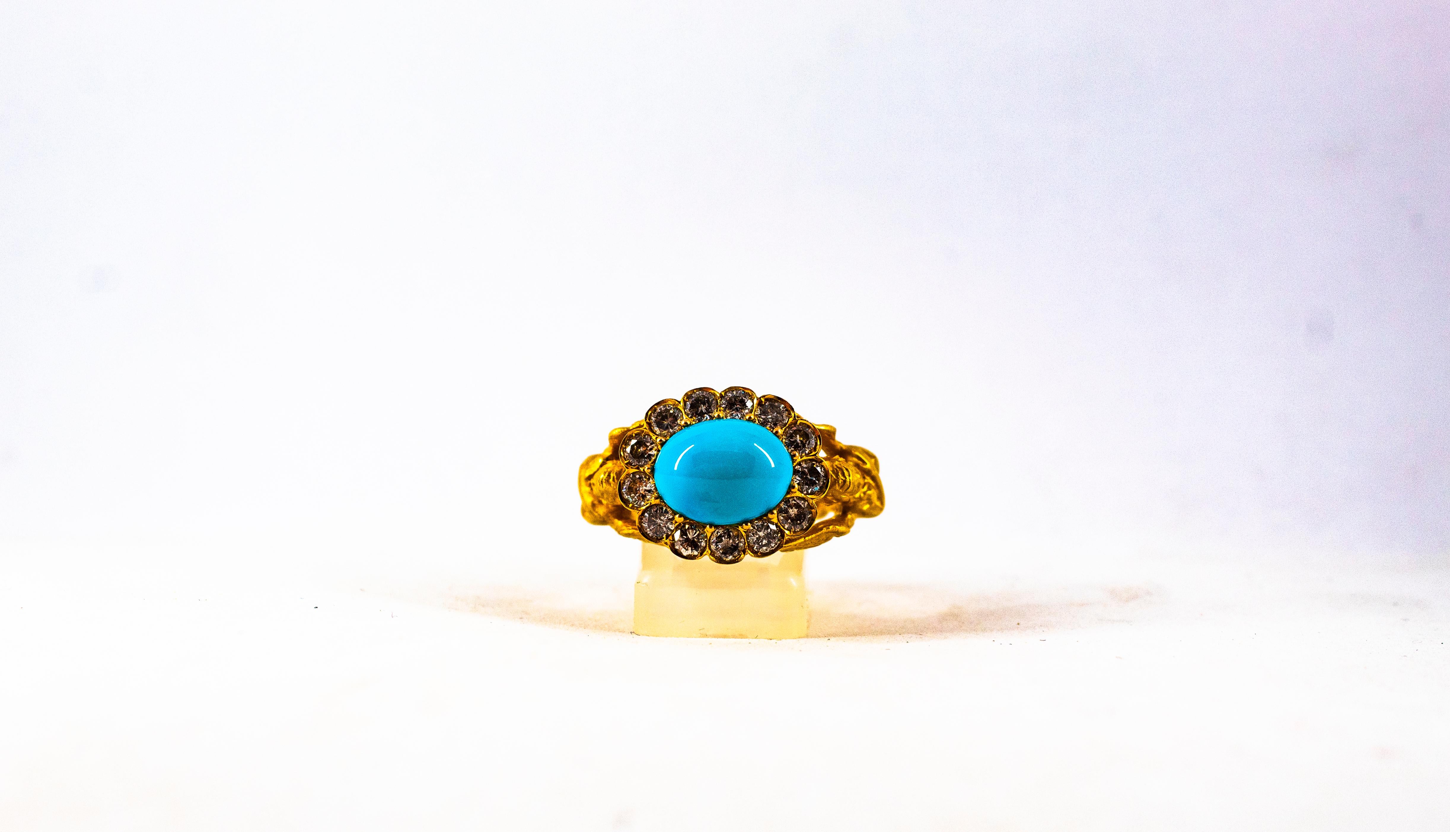 Art Nouveau 1.15 Carat White Diamond Turquoise Yellow Gold Cocktail Ring For Sale 5