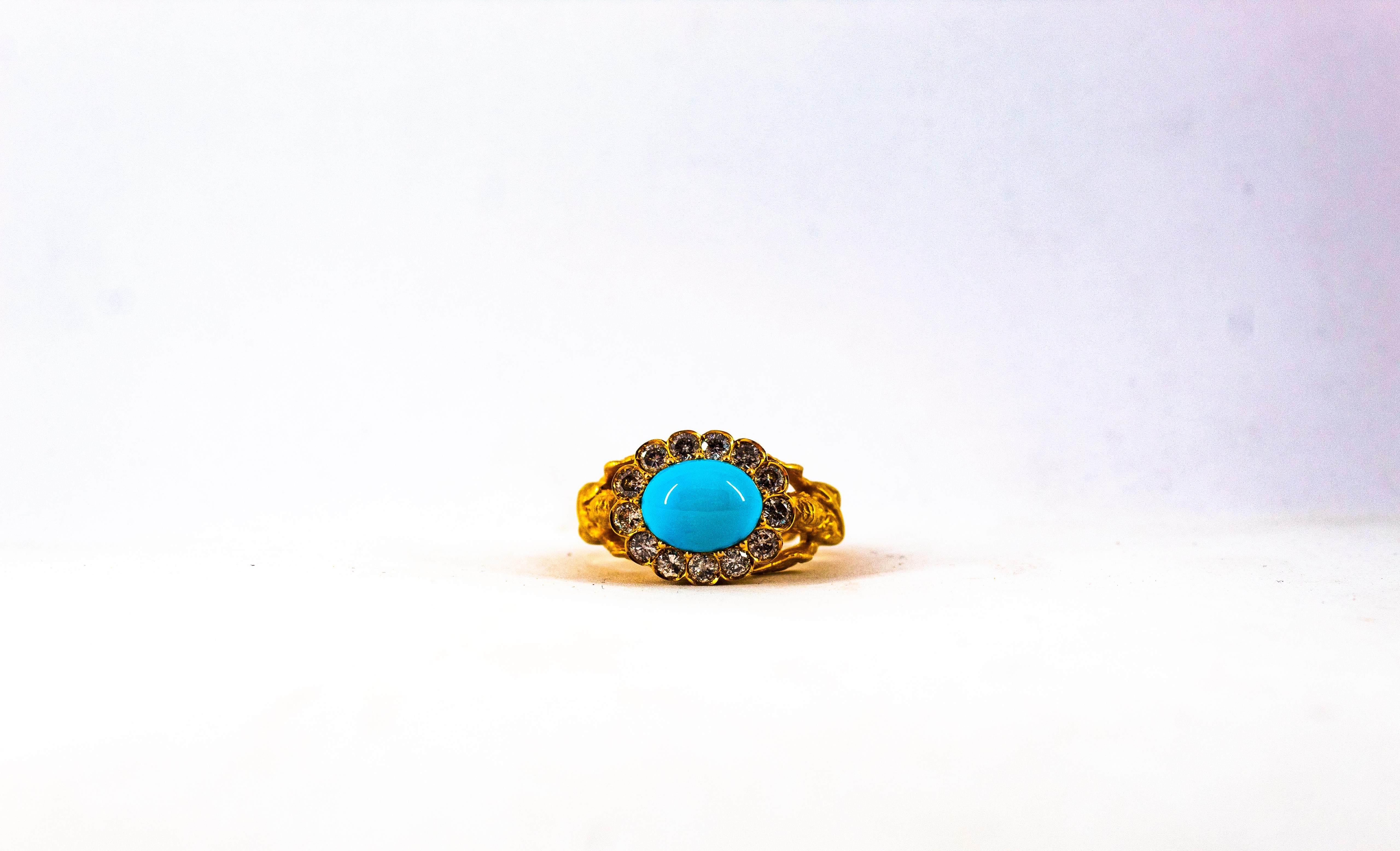 Art Nouveau 1.15 Carat White Diamond Turquoise Yellow Gold Cocktail Ring For Sale 6