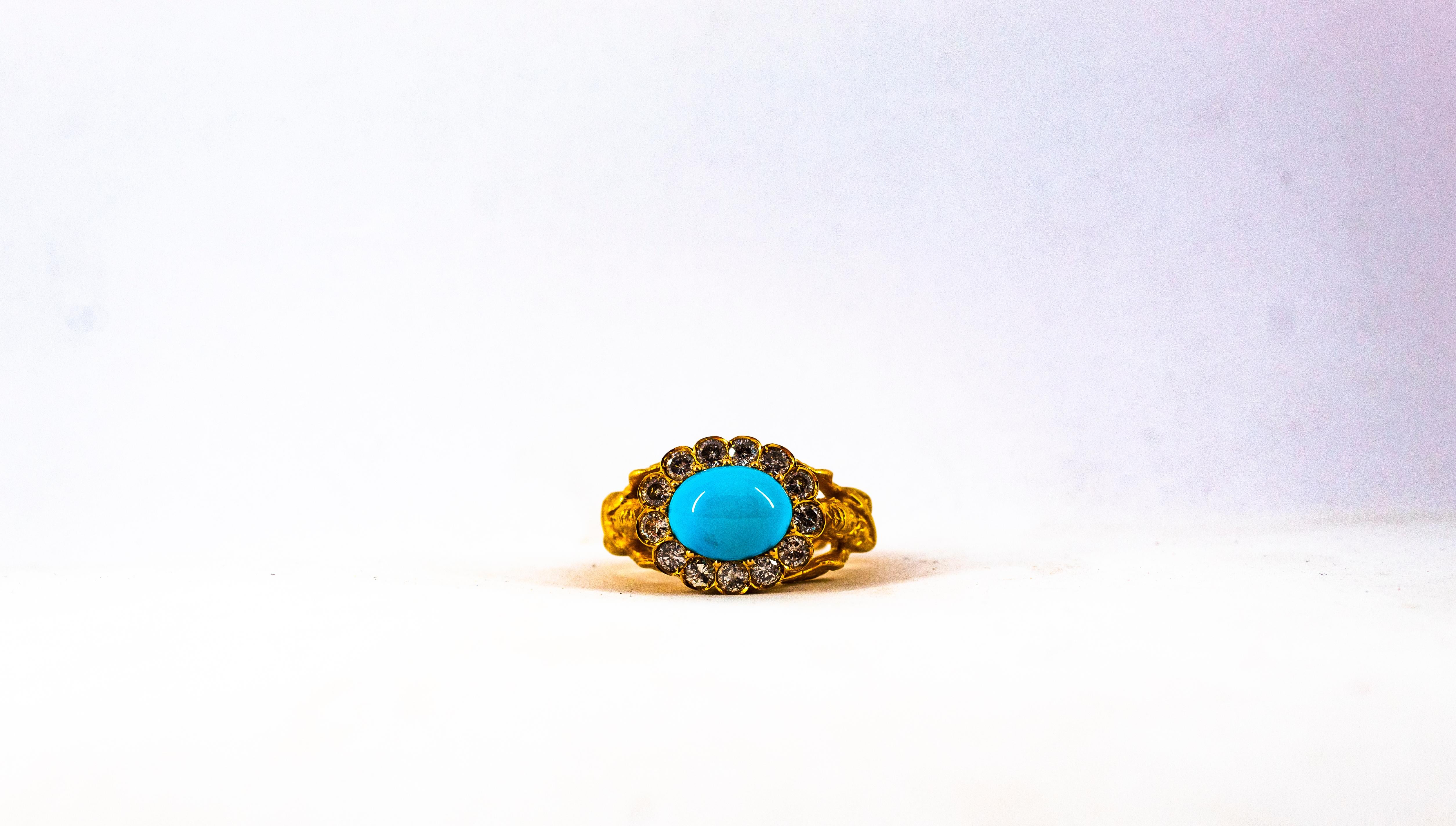 Bague cocktail Art nouveau en or jaune avec diamant blanc 1,15 carat et turquoise en vente 7