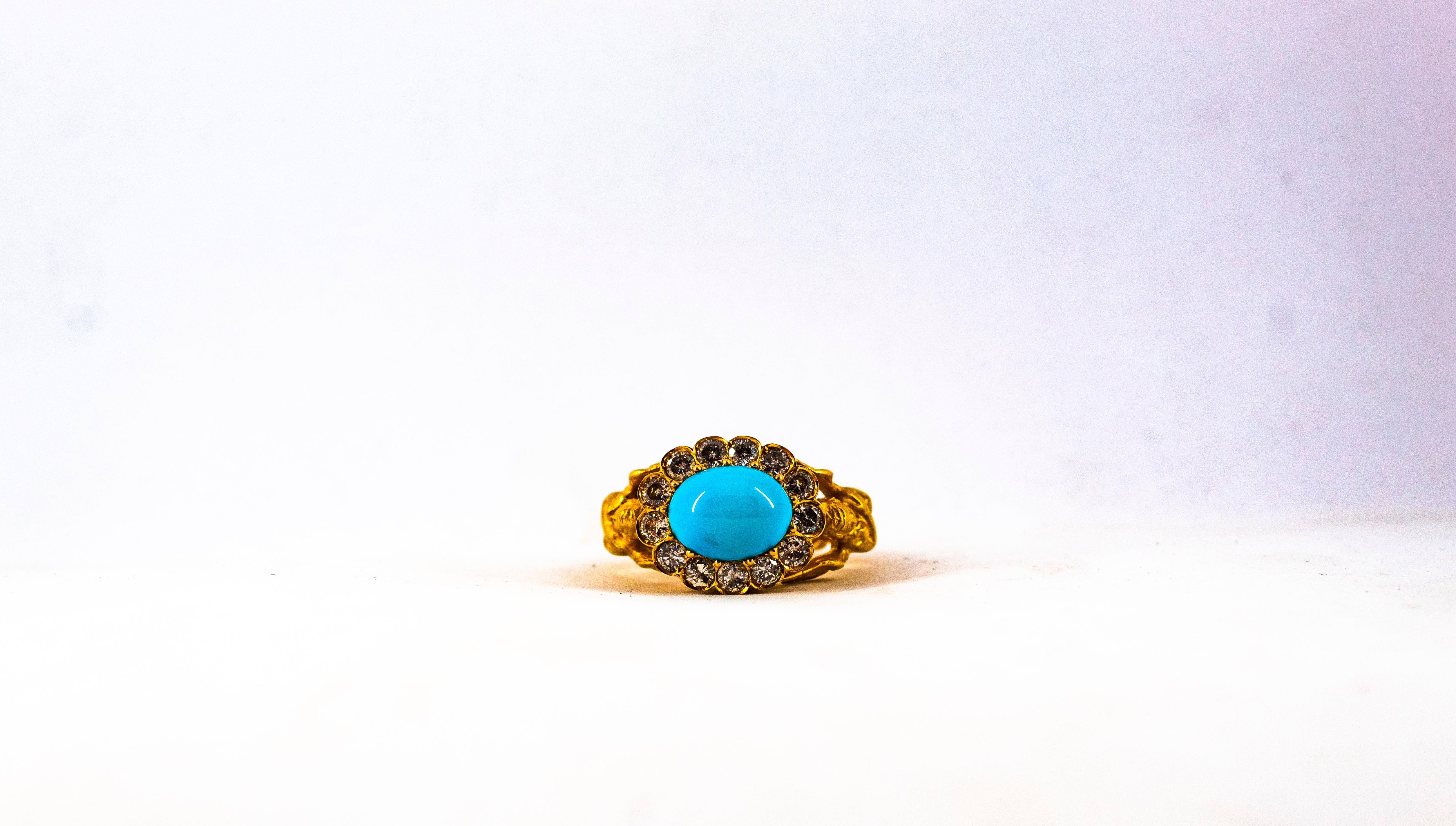 Art Nouveau 1.15 Carat White Diamond Turquoise Yellow Gold Cocktail Ring For Sale 7