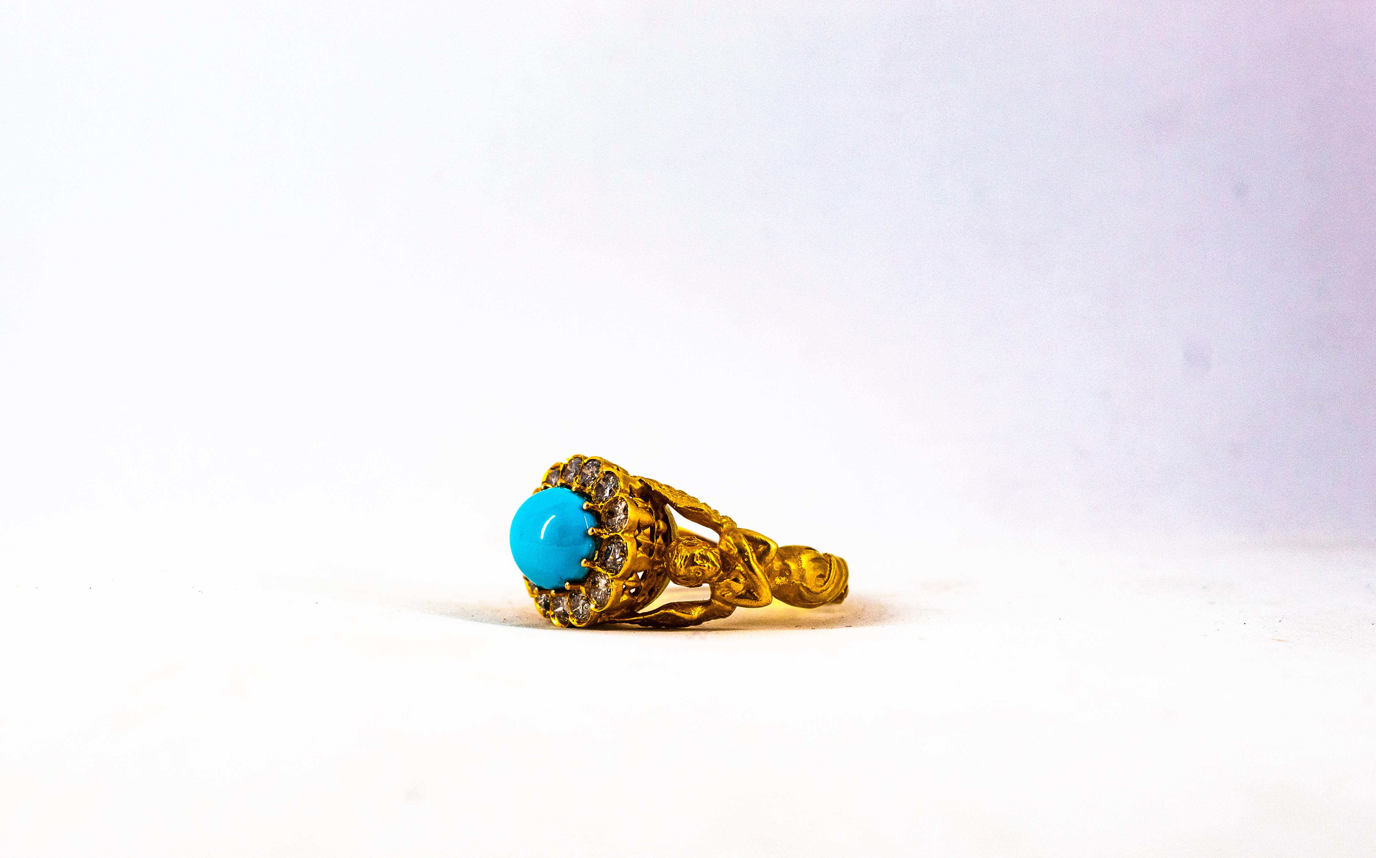 Art Nouveau 1.15 Carat White Diamond Turquoise Yellow Gold Cocktail Ring For Sale 8