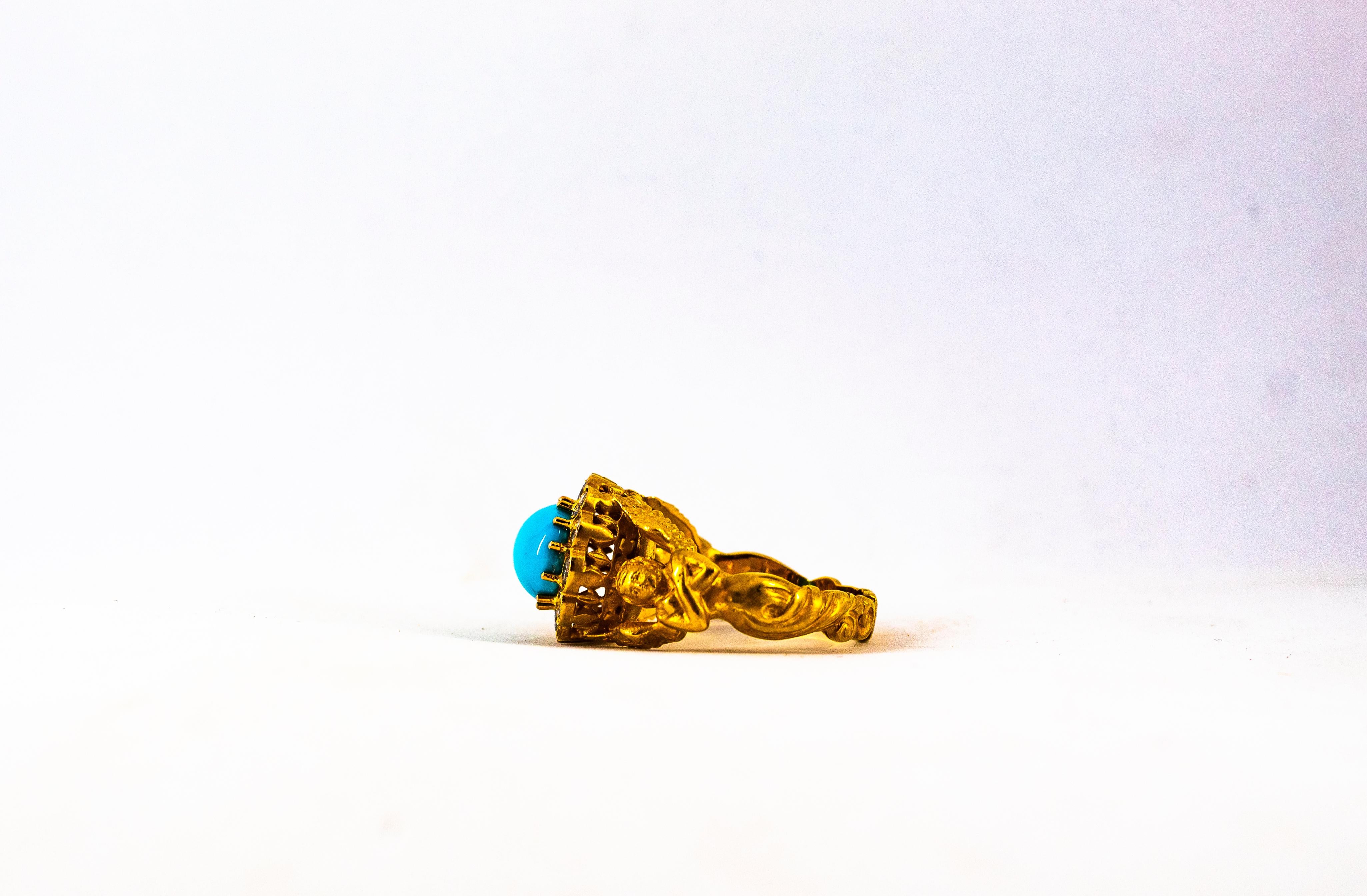 Art Nouveau 1.15 Carat White Diamond Turquoise Yellow Gold Cocktail Ring For Sale 9