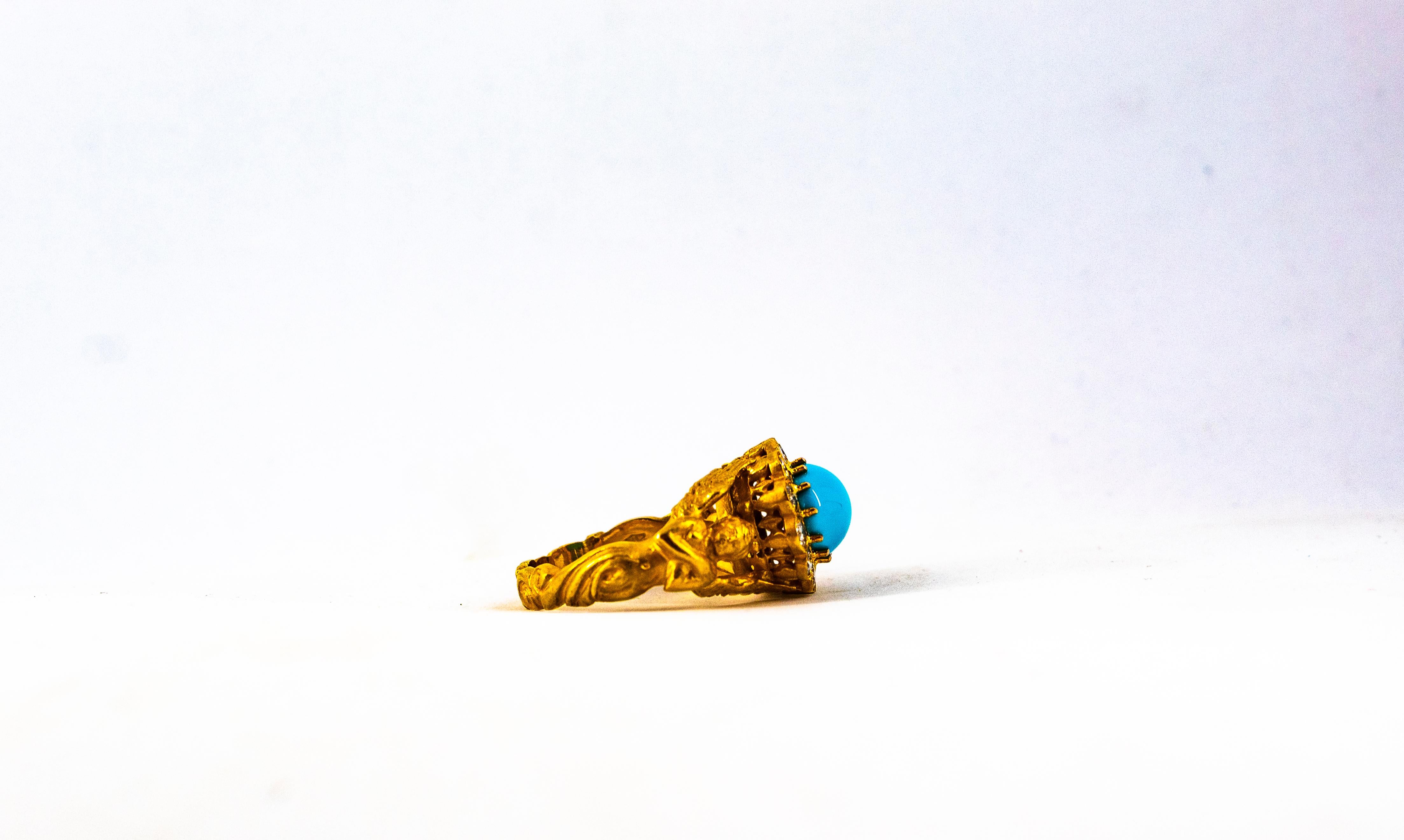 Art Nouveau 1.15 Carat White Diamond Turquoise Yellow Gold Cocktail Ring For Sale 12