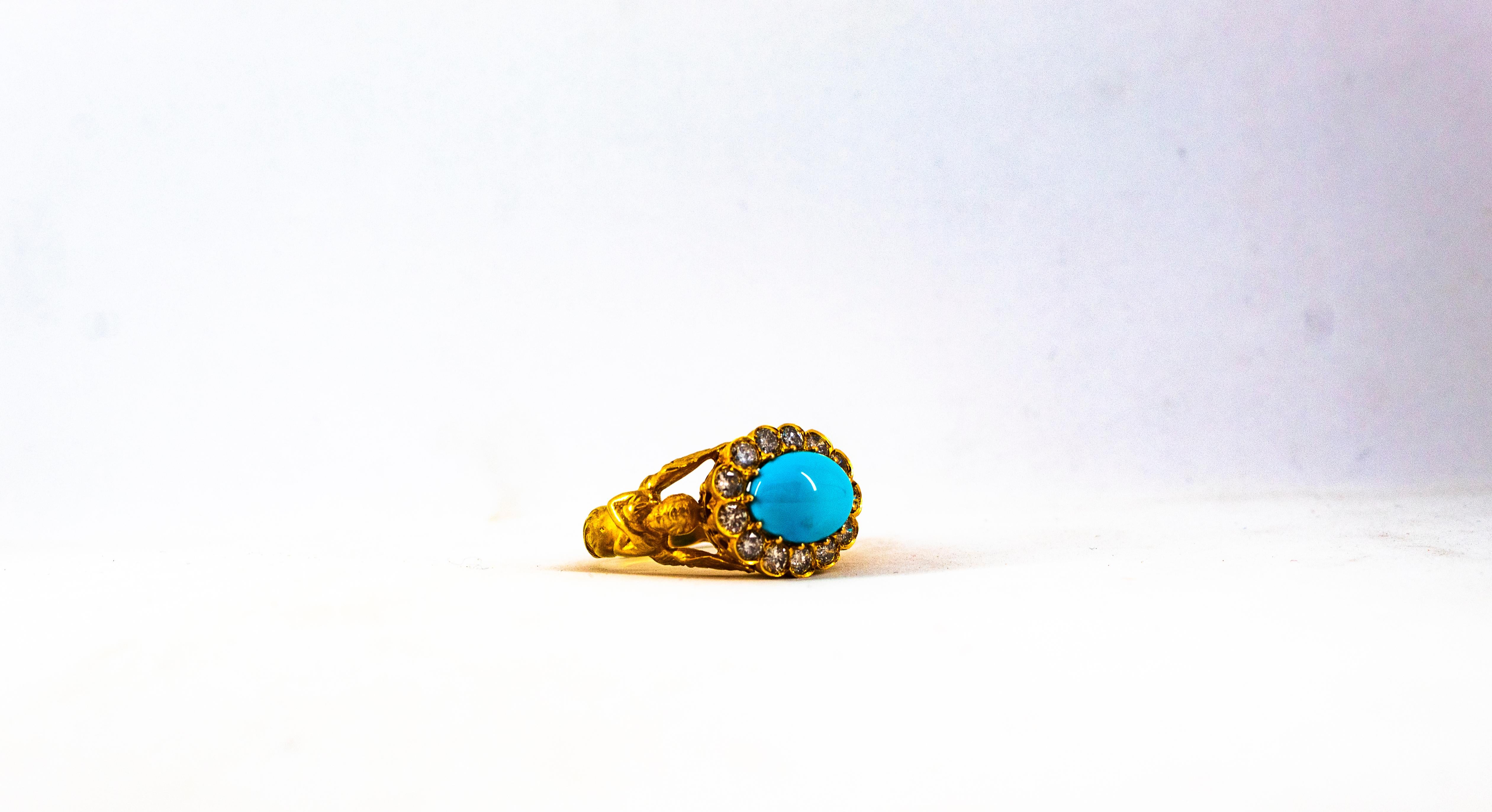Art Nouveau 1.15 Carat White Diamond Turquoise Yellow Gold Cocktail Ring For Sale 13
