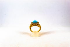 Art Nouveau 1.15 Carat White Diamond Turquoise Yellow Gold Cocktail Ring