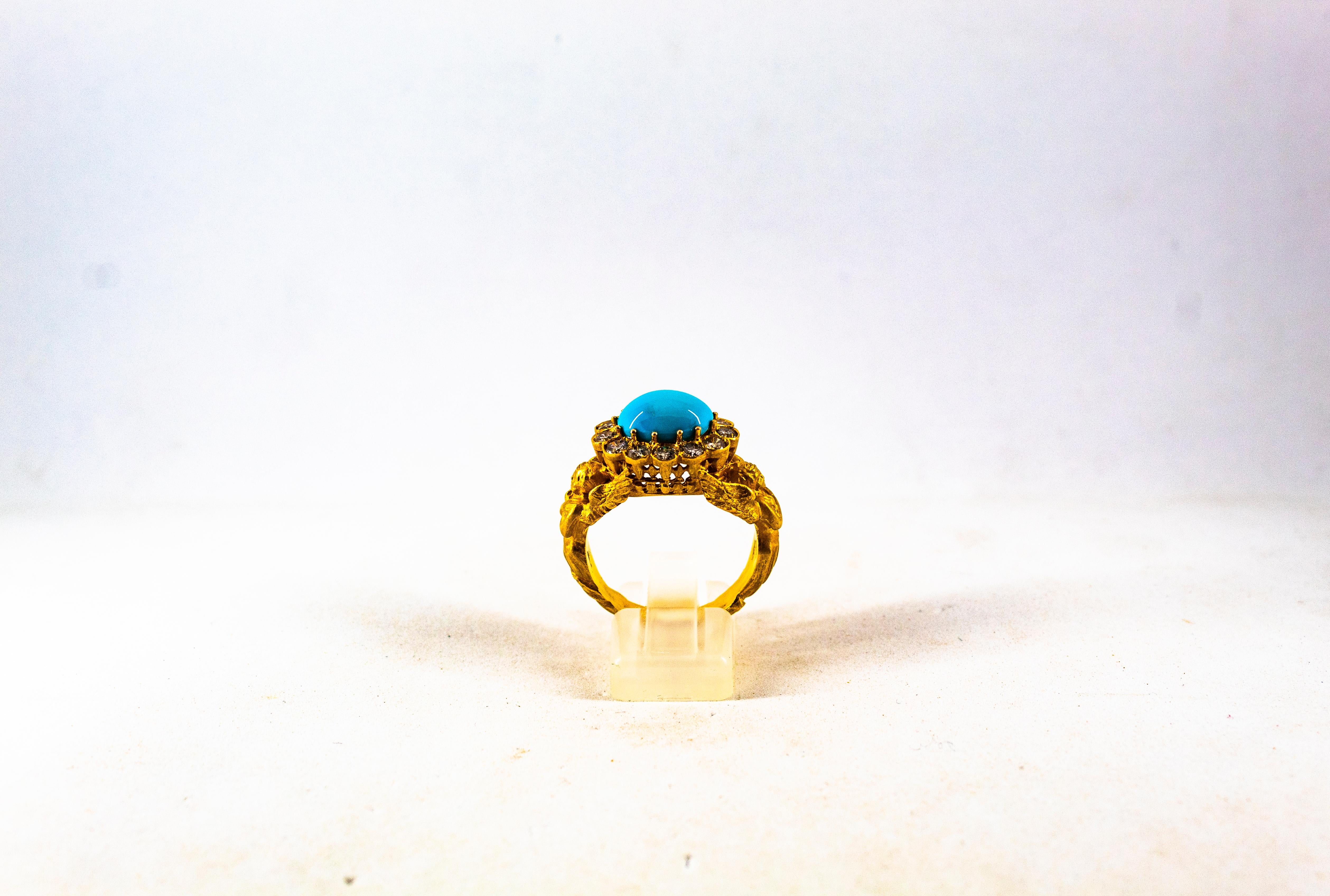 This Ring is made of 14K Yellow Gold.
This Ring has 1.15 Carats of White Modern Round Cut Diamonds.
This Ring has a Cabochon Cut Natural Turquoise.
This Ring is available also with a central Natural Blue Sapphire.
Size ITA: 21 USA: 9 1/2
We're a