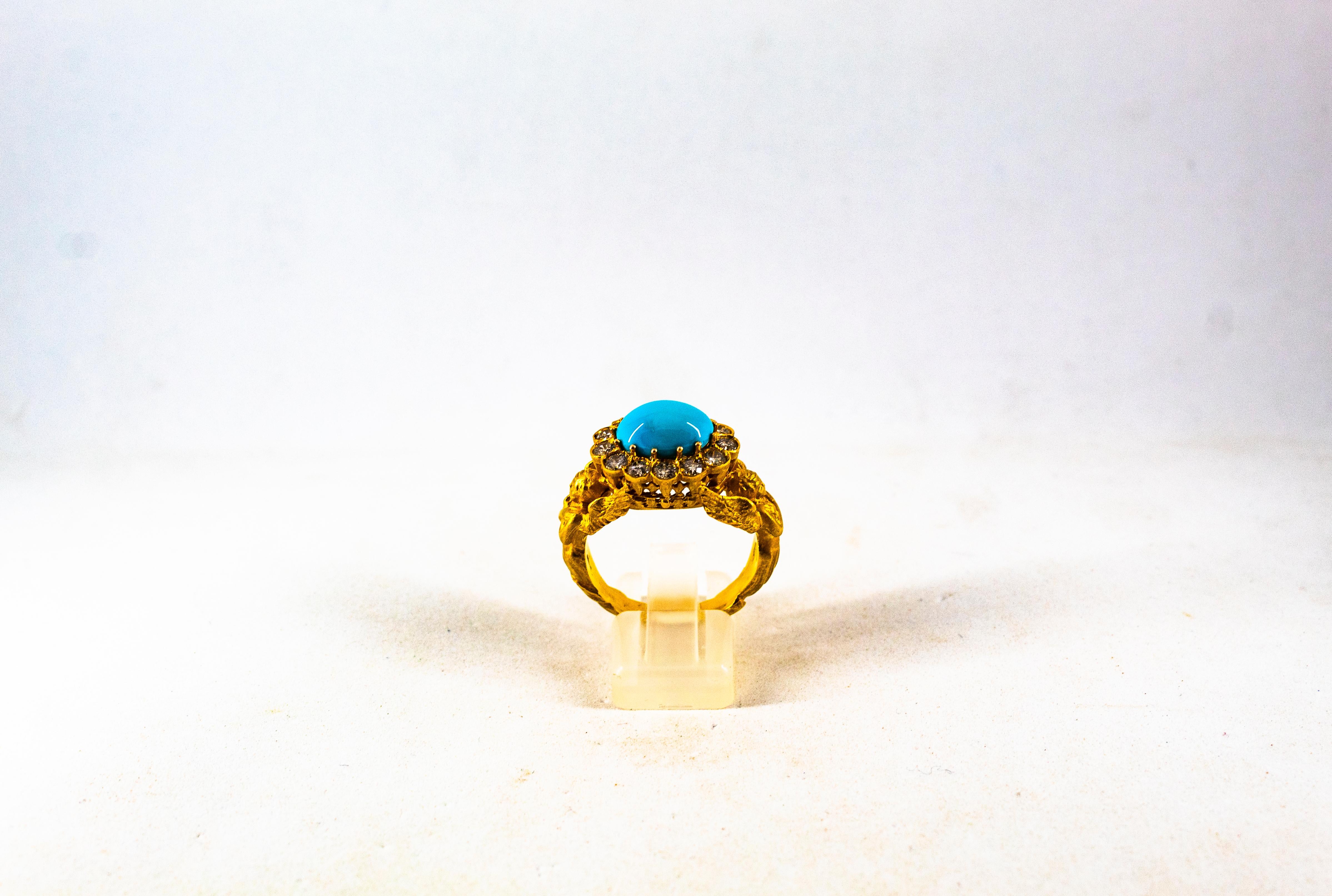 Brilliant Cut Art Nouveau 1.15 Carat White Diamond Turquoise Yellow Gold Cocktail Ring For Sale