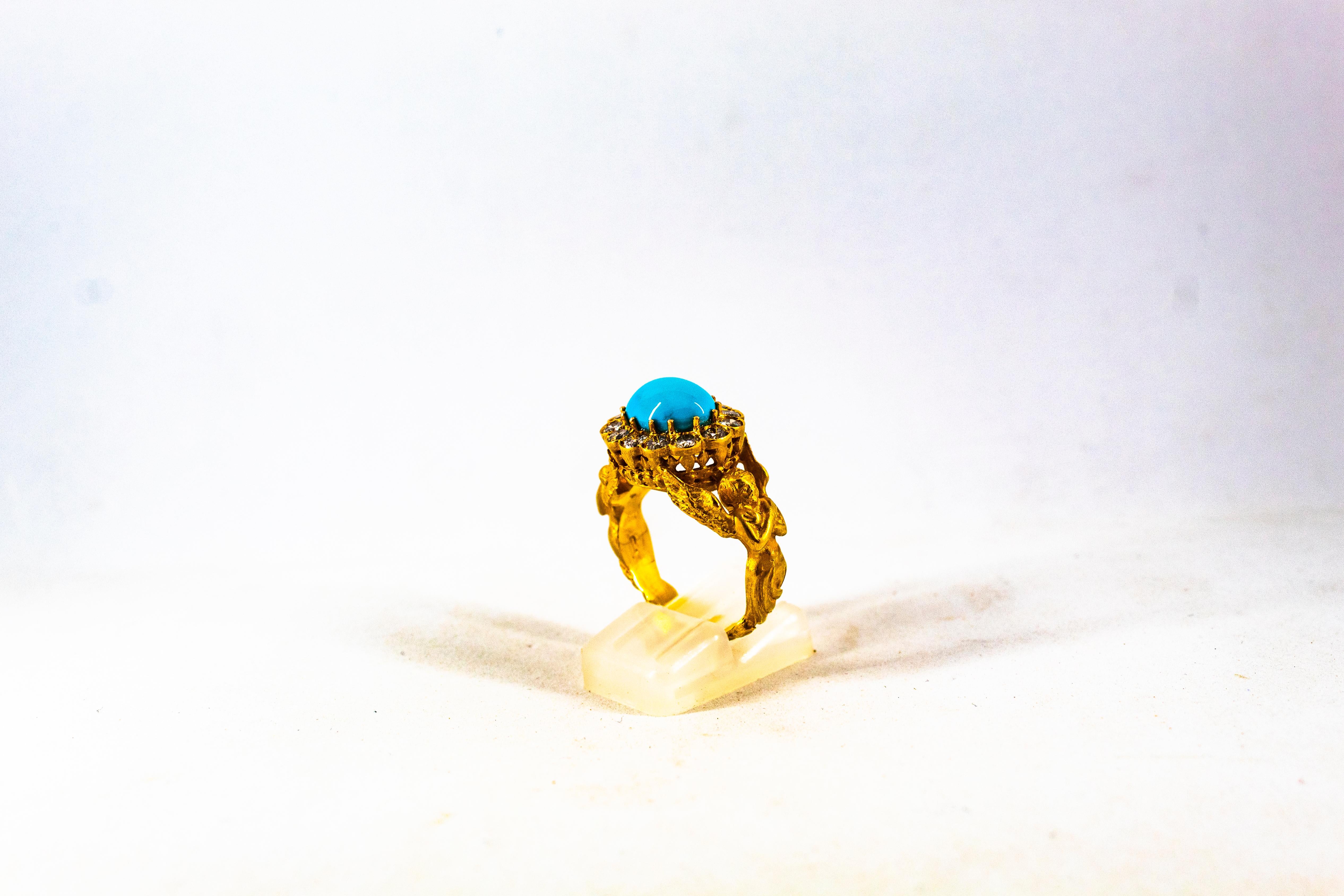 Bague cocktail Art nouveau en or jaune avec diamant blanc 1,15 carat et turquoise Neuf - En vente à Naples, IT