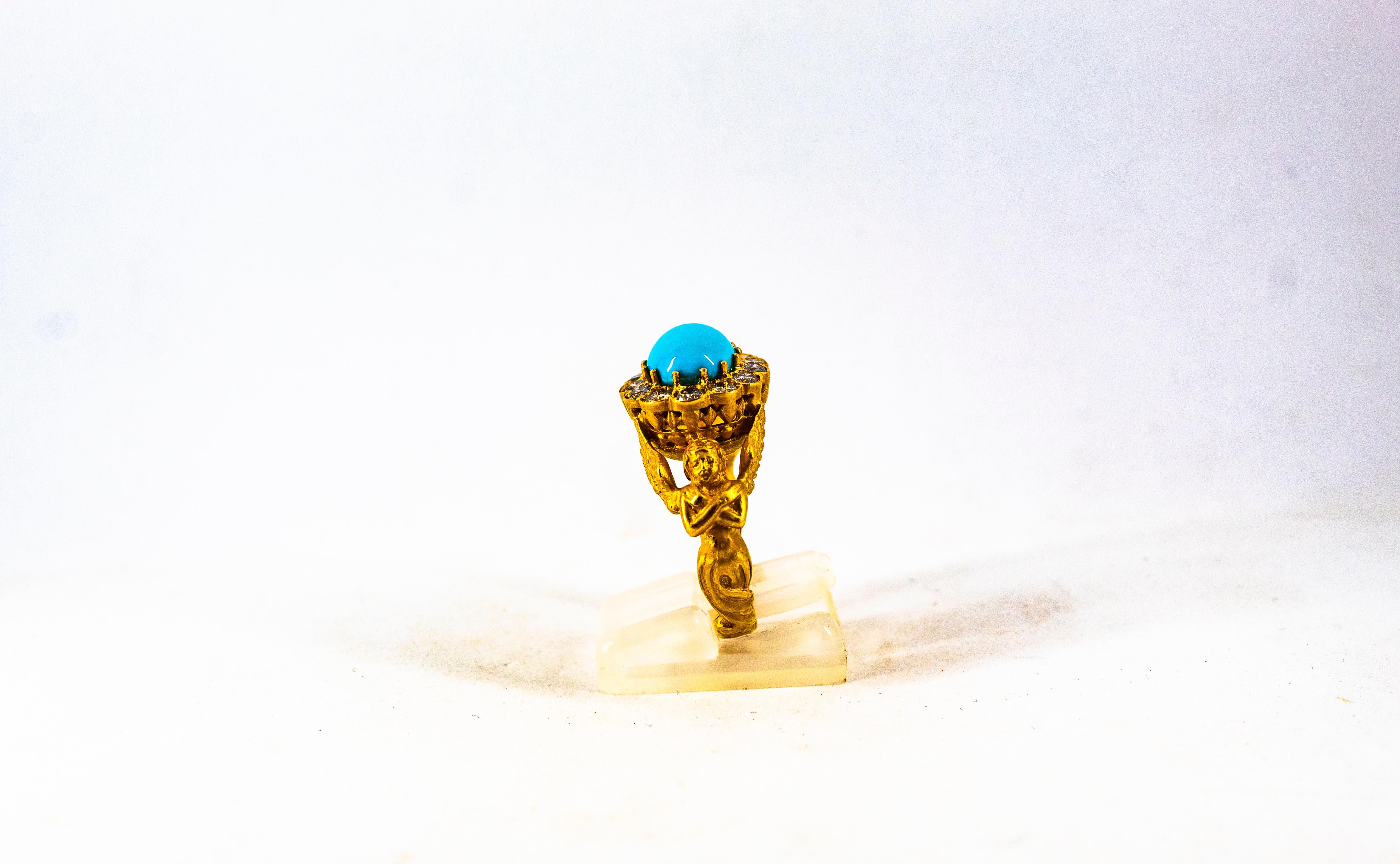 Women's or Men's Art Nouveau 1.15 Carat White Diamond Turquoise Yellow Gold Cocktail Ring For Sale