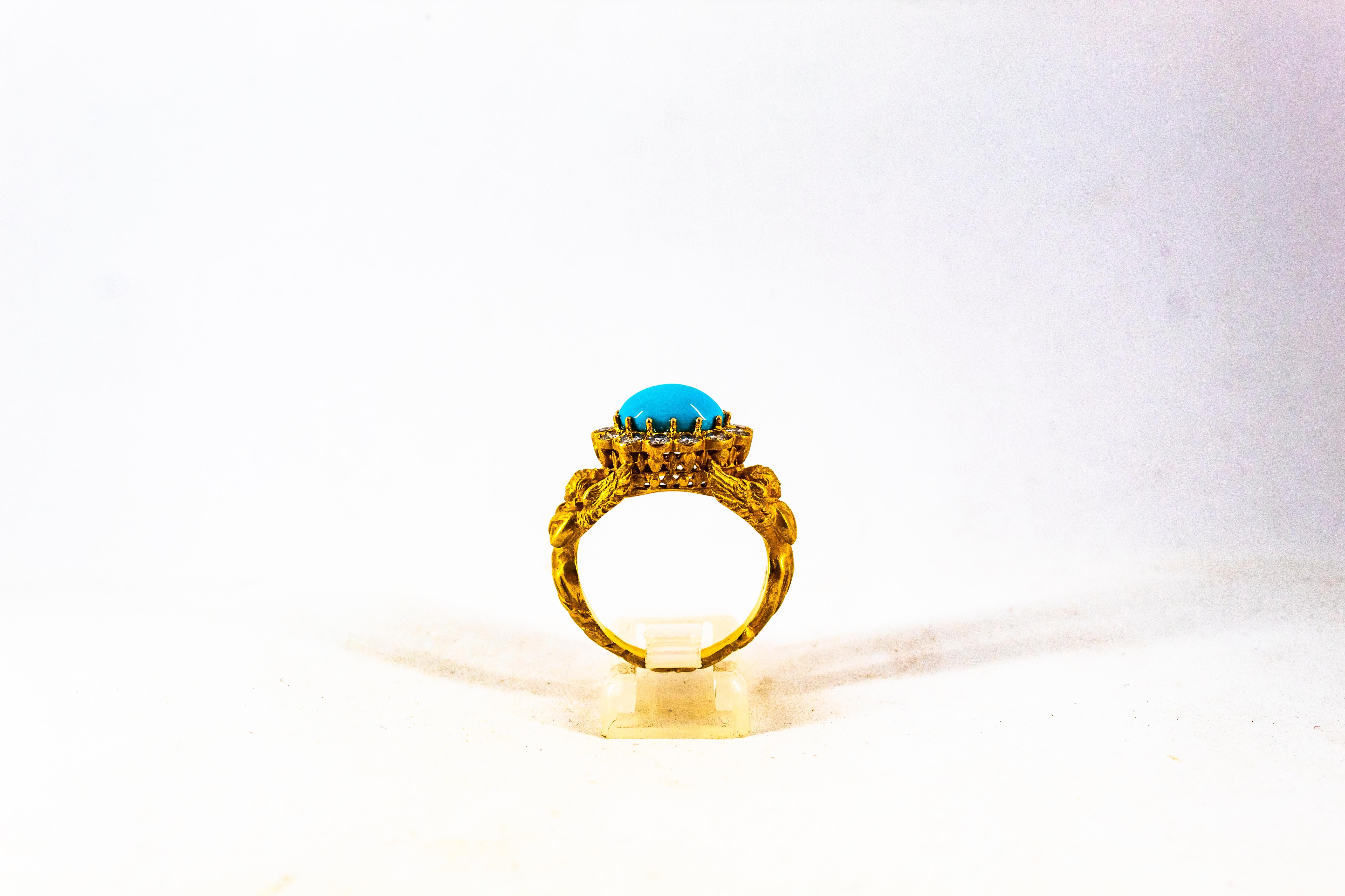 Art Nouveau 1.15 Carat White Diamond Turquoise Yellow Gold Cocktail Ring For Sale 1