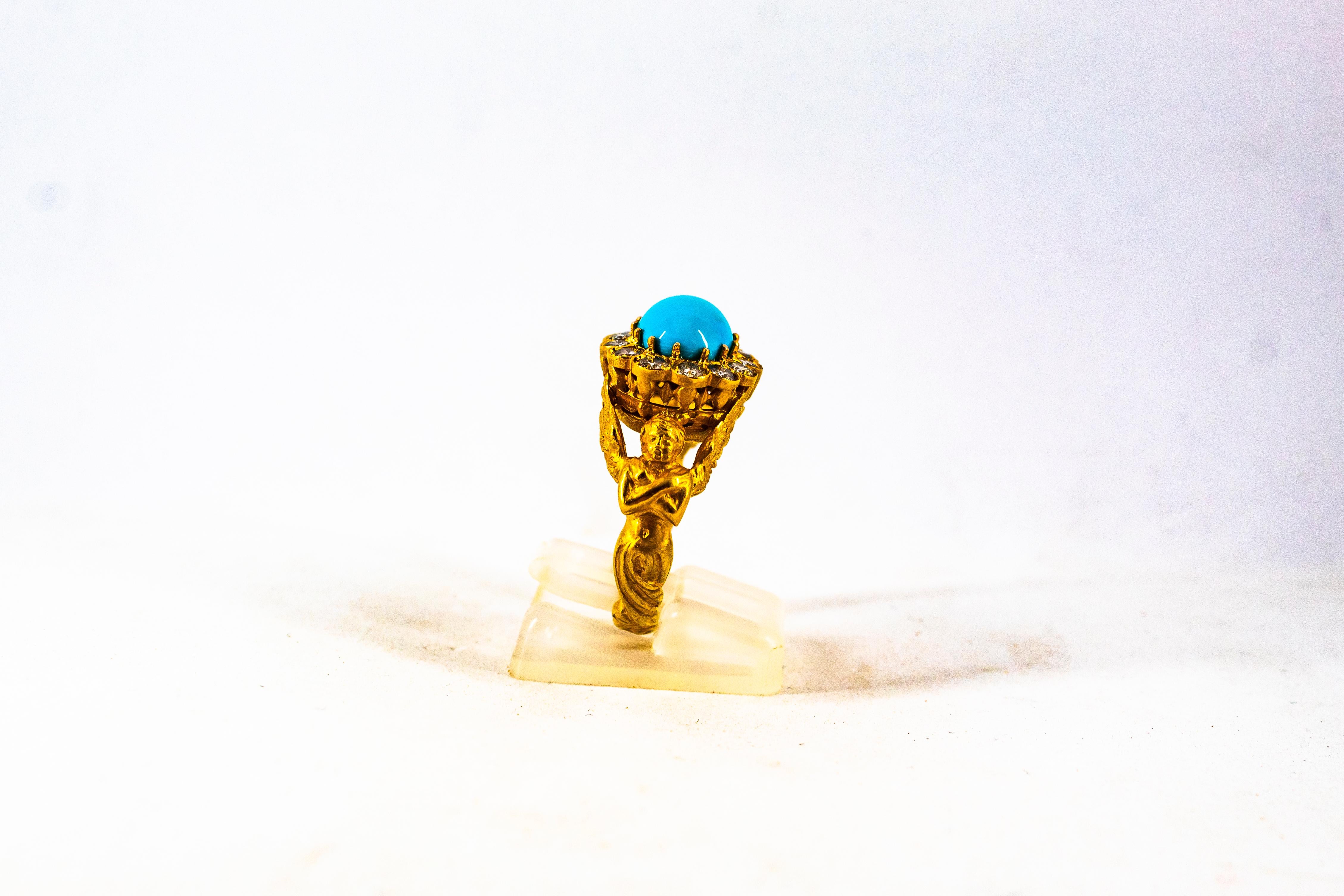 Art Nouveau 1.15 Carat White Diamond Turquoise Yellow Gold Cocktail Ring For Sale 2