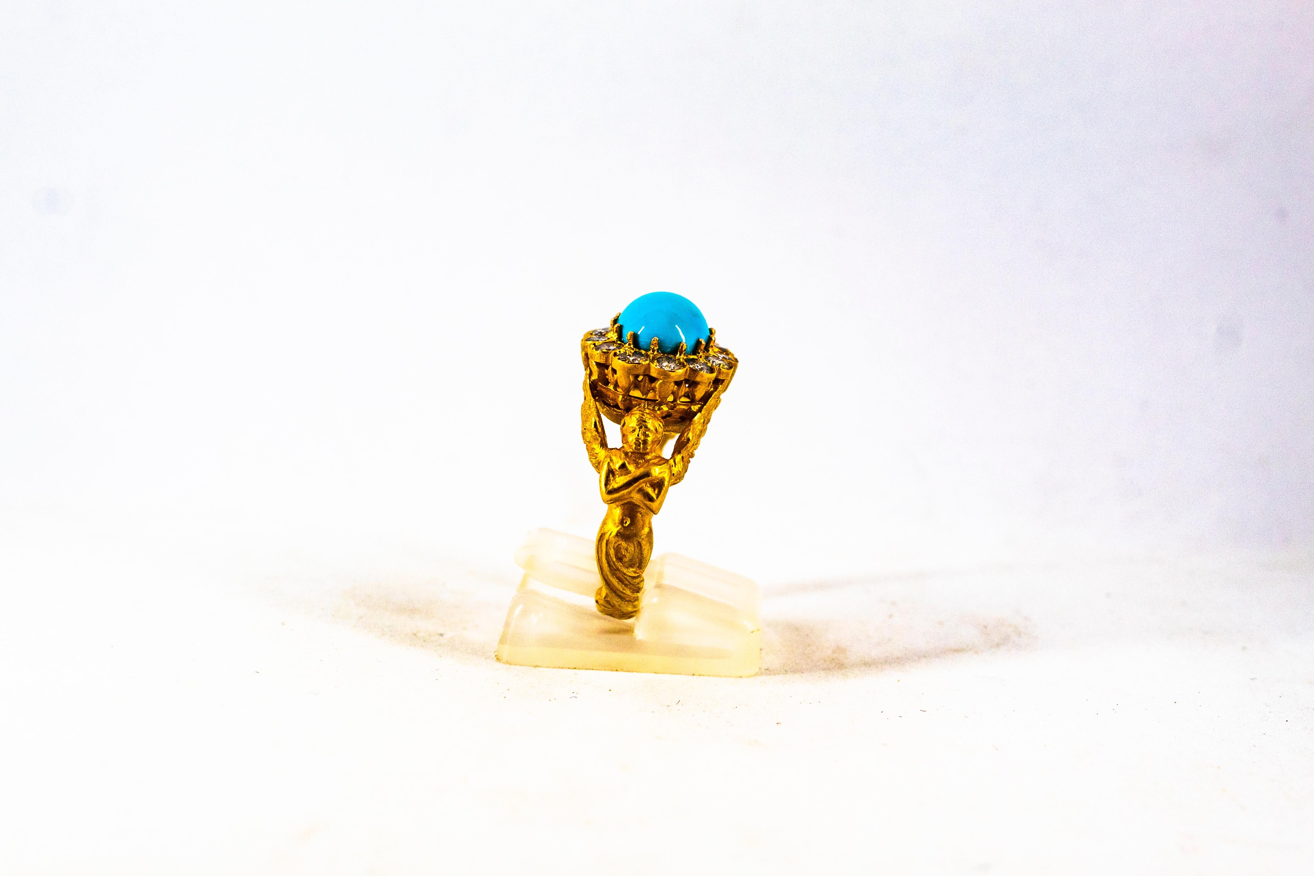 Art Nouveau 1.15 Carat White Diamond Turquoise Yellow Gold Cocktail Ring For Sale 3